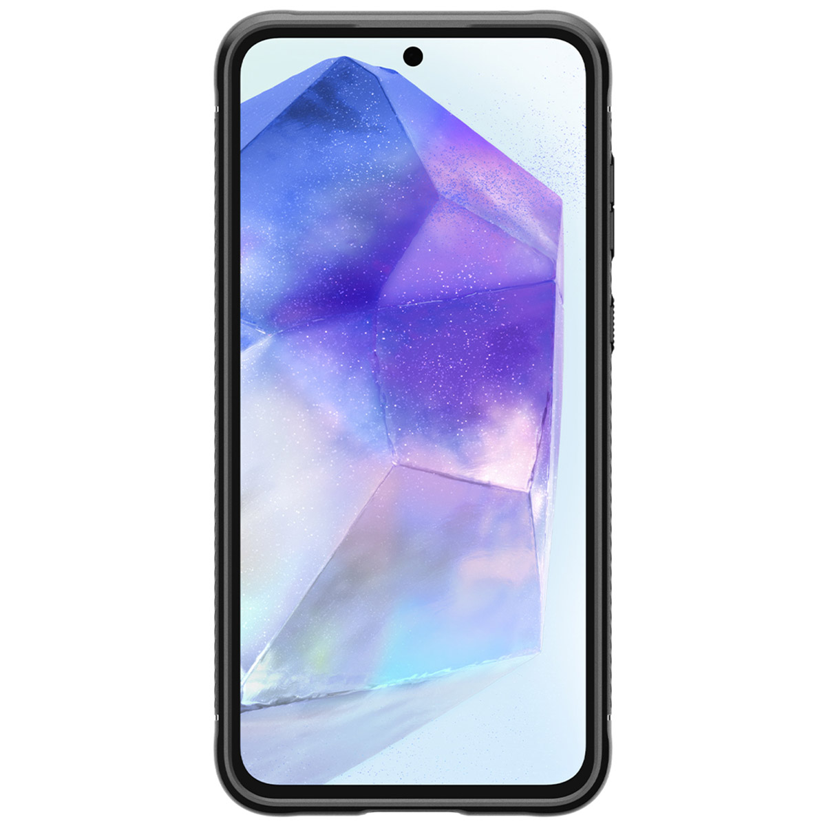 Schermo del telefono con un design a cristallo viola e blu, all'interno di una custodia nera.