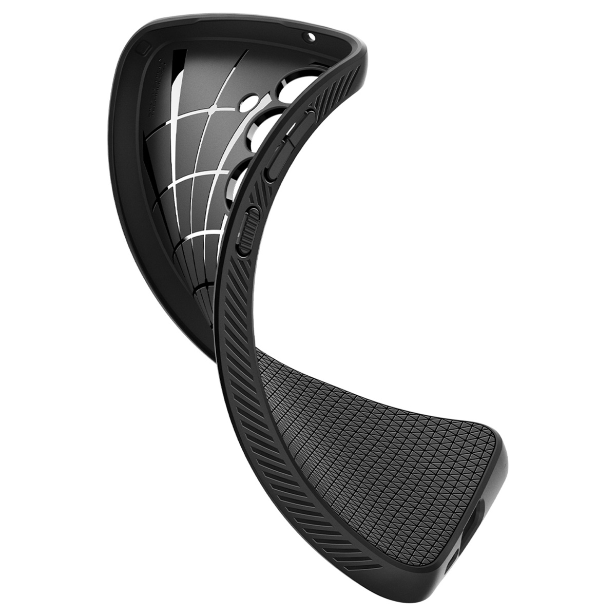 Intérieur d'une coque de téléphone noire. La coque est noire avec un motif texturé à l'intérieur.