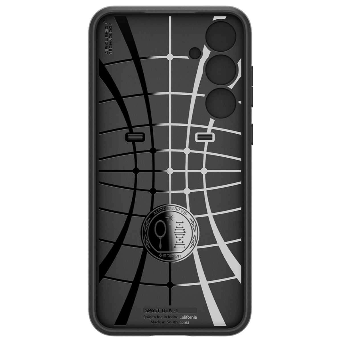 Custodia nera per telefono con un design sul retro. Il telefono è dentro la custodia.