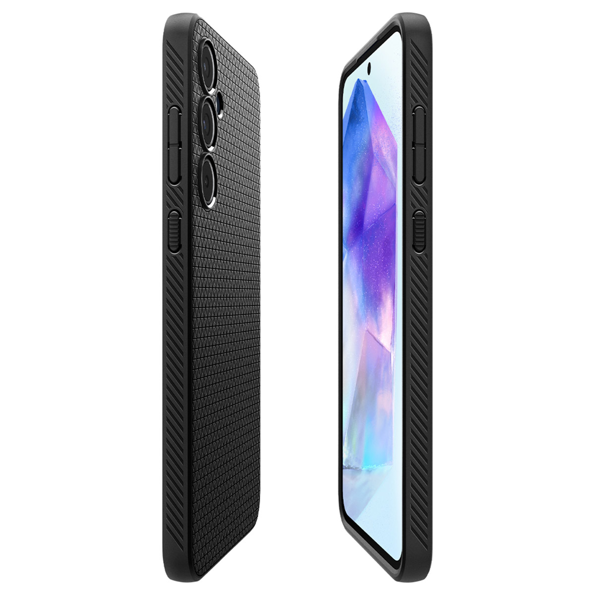 Deux coques de téléphone noires, une vue latérale, une vue de face, avec motif texturé.