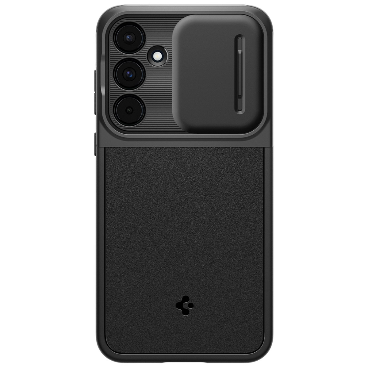 Una custodia nera per telefono, che copre il retro. Ha un ritaglio per la fotocamera.