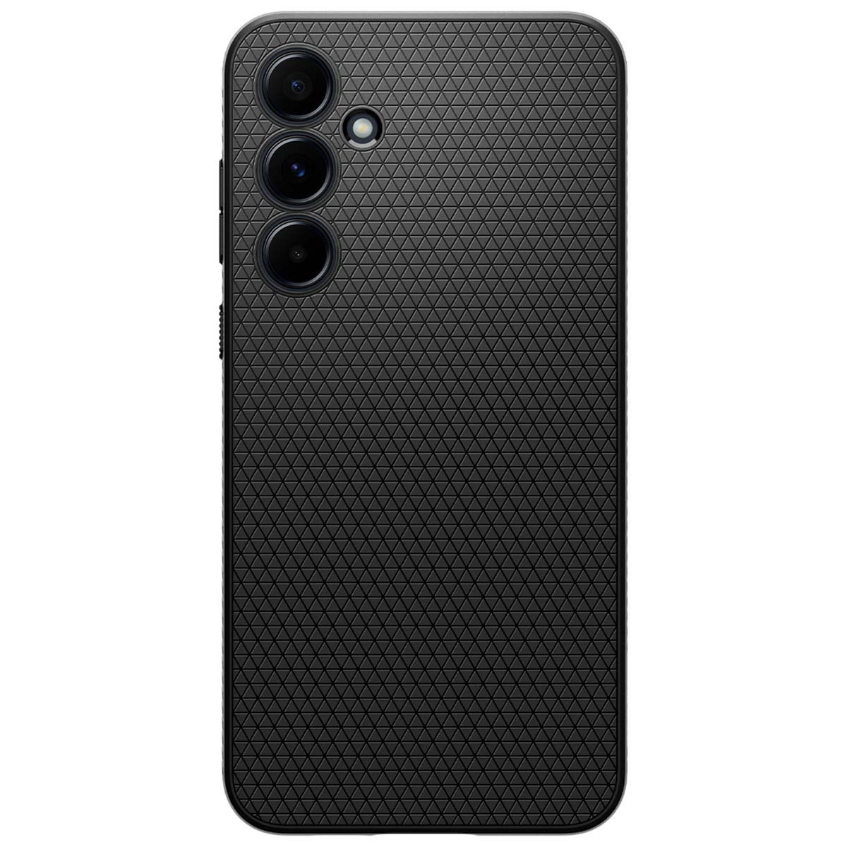 Étui de téléphone noir avec un motif texturé et plusieurs lentilles de caméra.