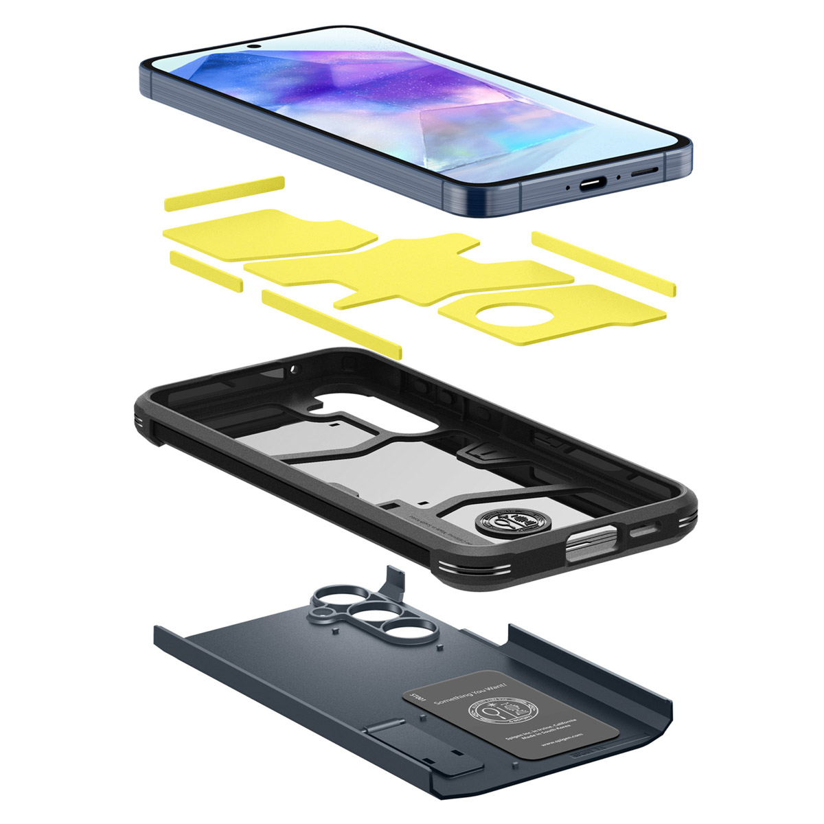 Ontploft aanzicht van een telefoon en case-componenten, met telefoon, case en interne onderdelen.