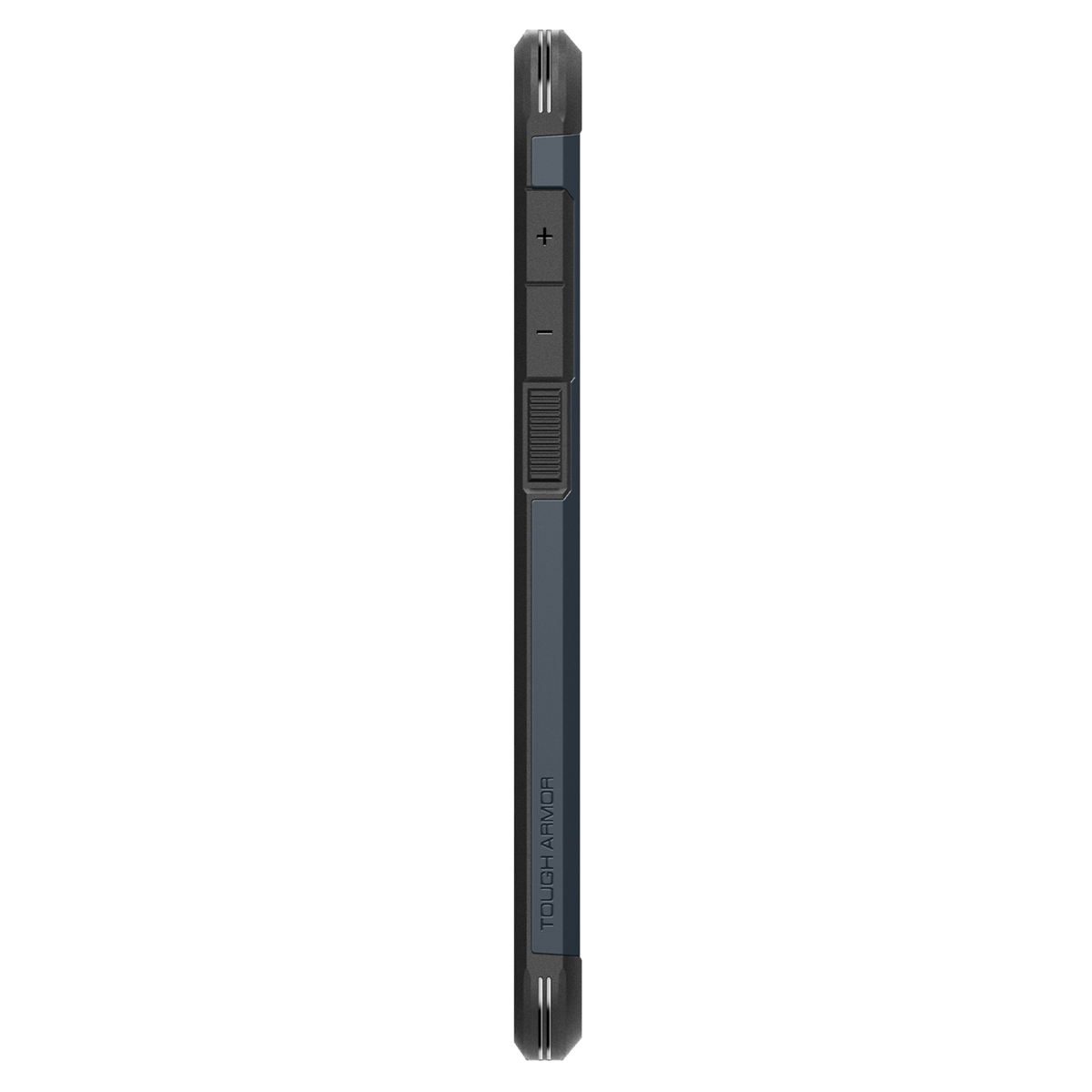 Donkergrijze telefoonhoes met knoppen en ribbels, verticaal getoond op wit.