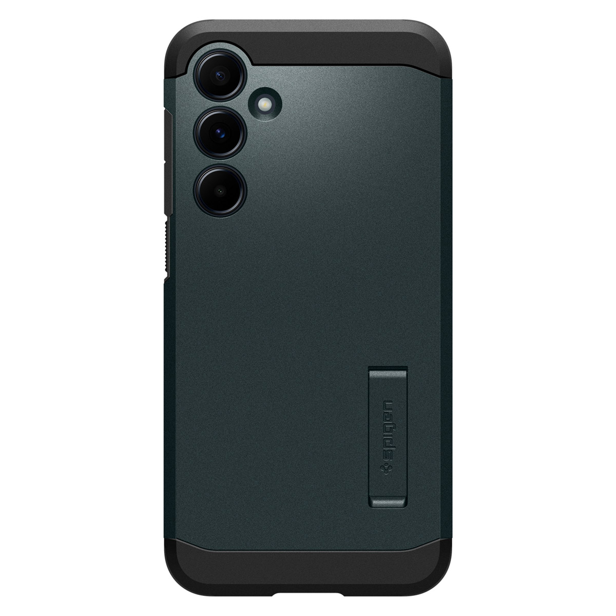 Coque de téléphone gris foncé avec trois caméras et un support.