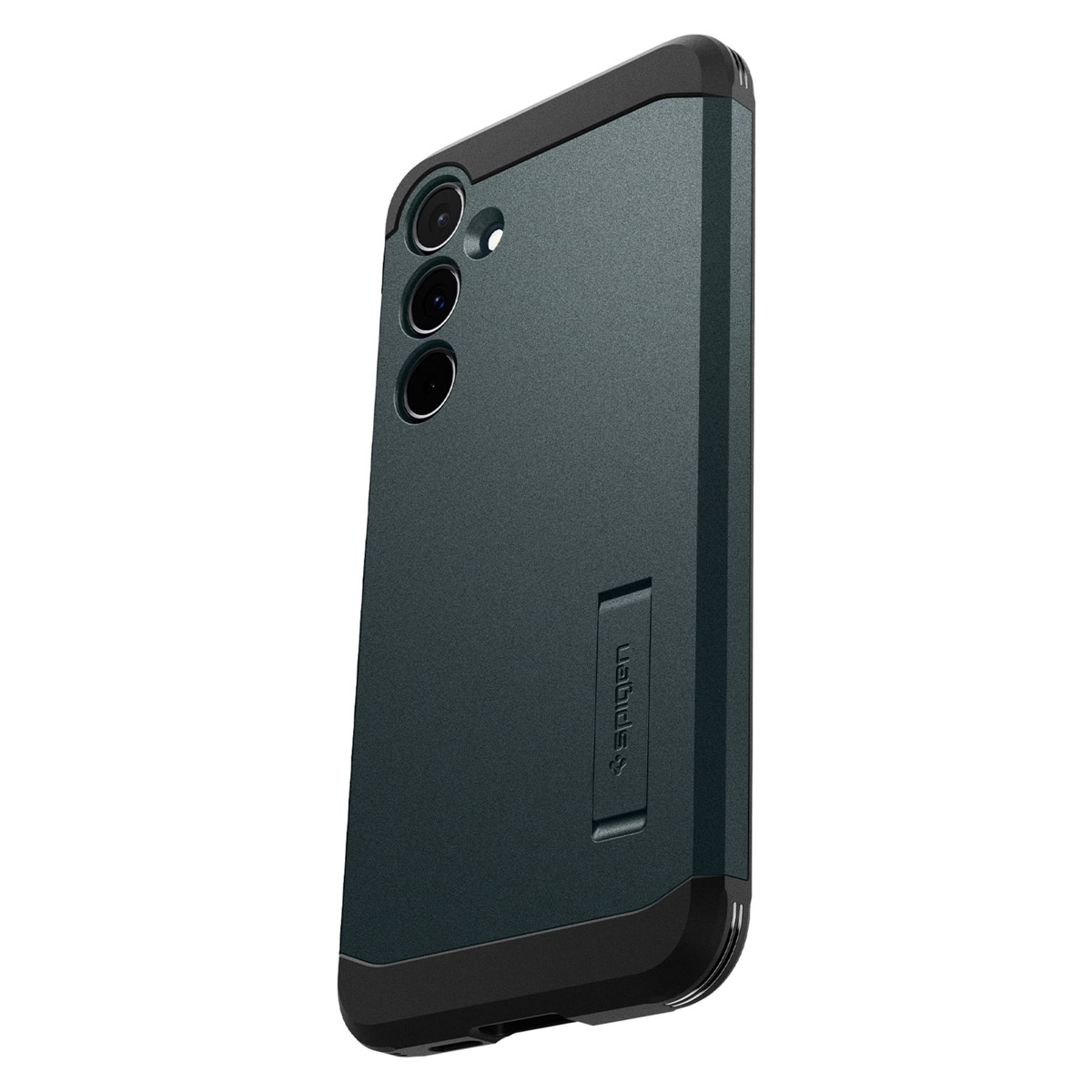Coque de téléphone gris foncé avec un cadre noir. Montre un module caméra et un support.