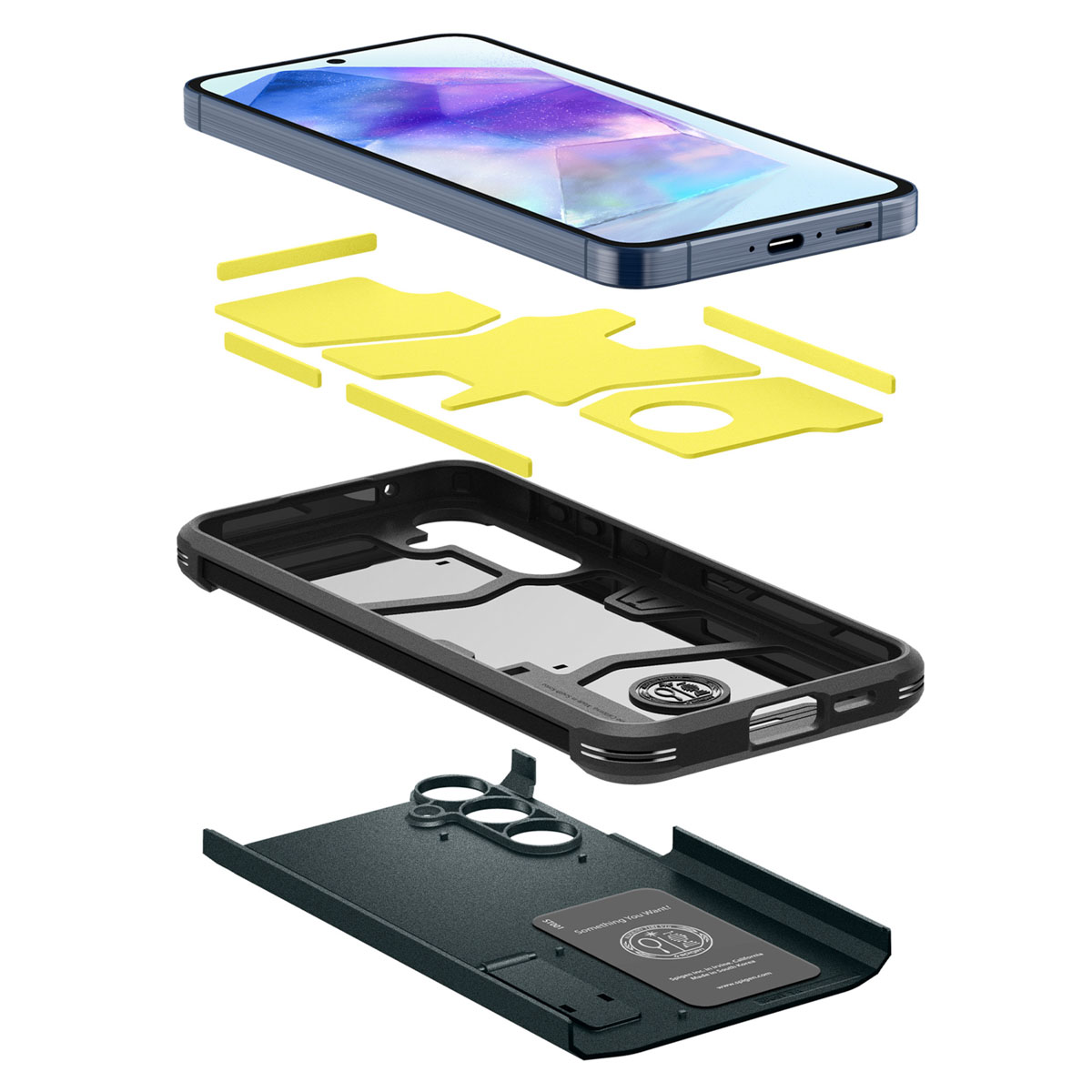 Vue éclatée d'un étui de téléphone et d'un téléphone. Les parties de l'étui sont noires, jaunes et grises.