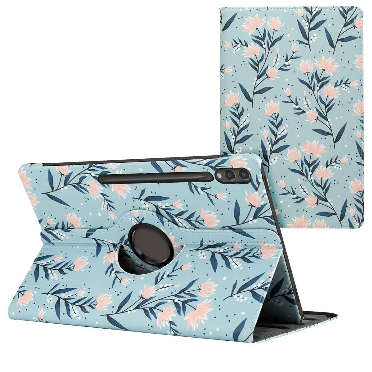 Blauwe tablethoes met bloemenontwerp. De hoes is open en toont de tablet.