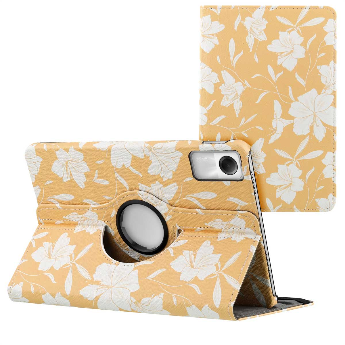 Yellow tablet case with white floral design. The tablet is in a stand position.
