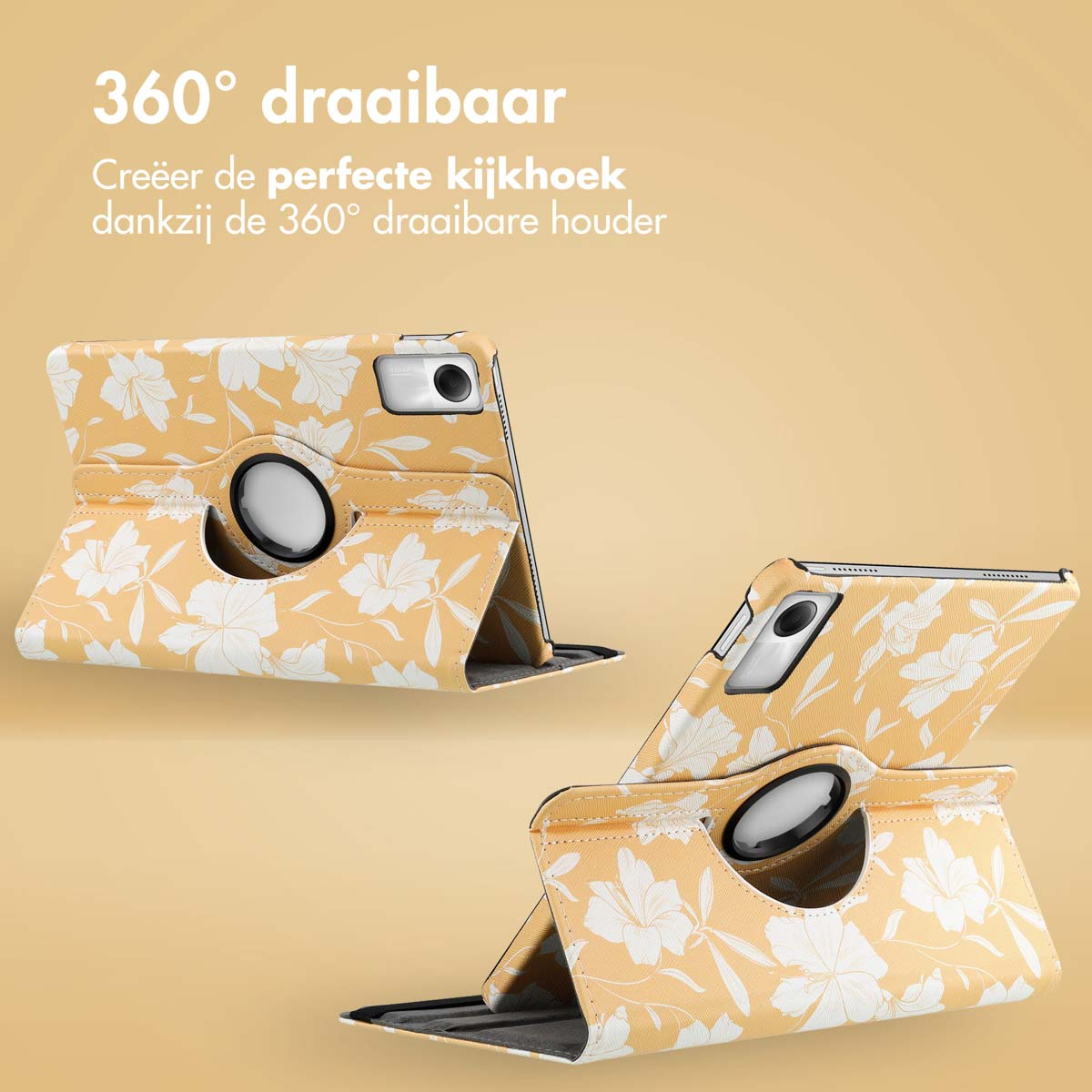 Yellow floral tablet cases in different positions. Text in Dutch.