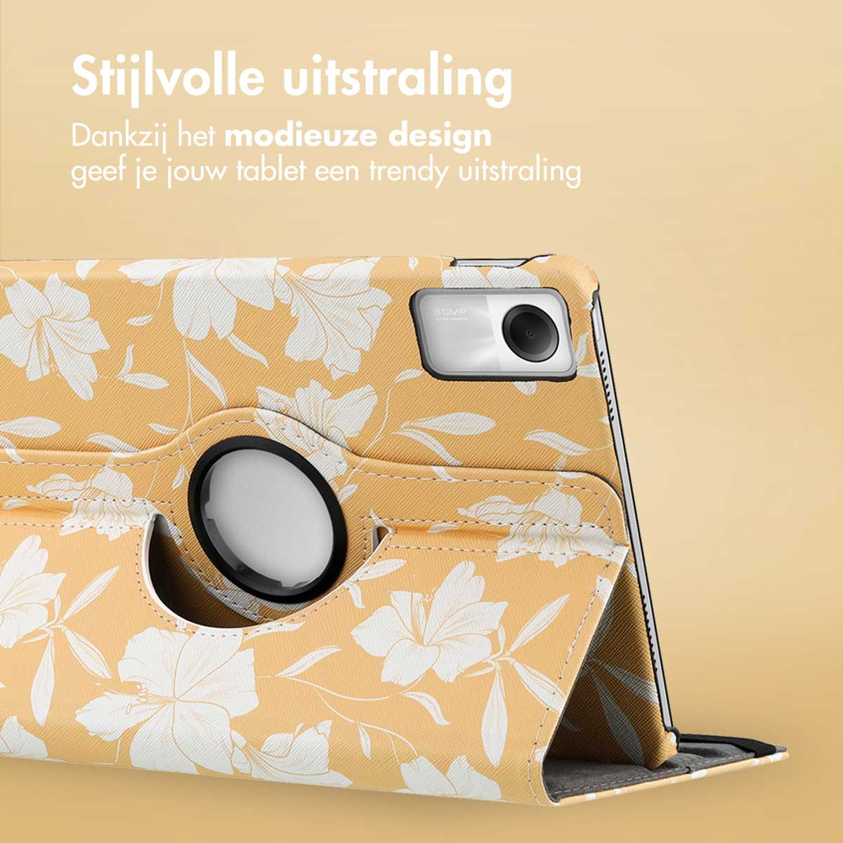 Yellow tablet case with white flowers. The tablet is inside.