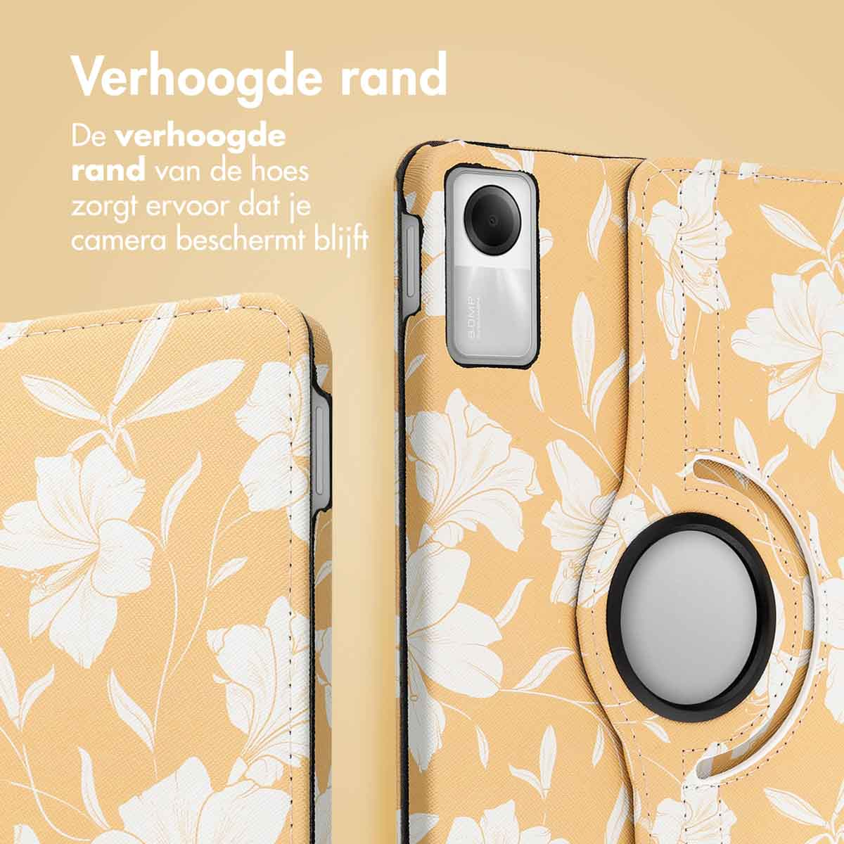 Tablet case with a yellow floral pattern. The case is open, showing the tablet inside. The material is leather.