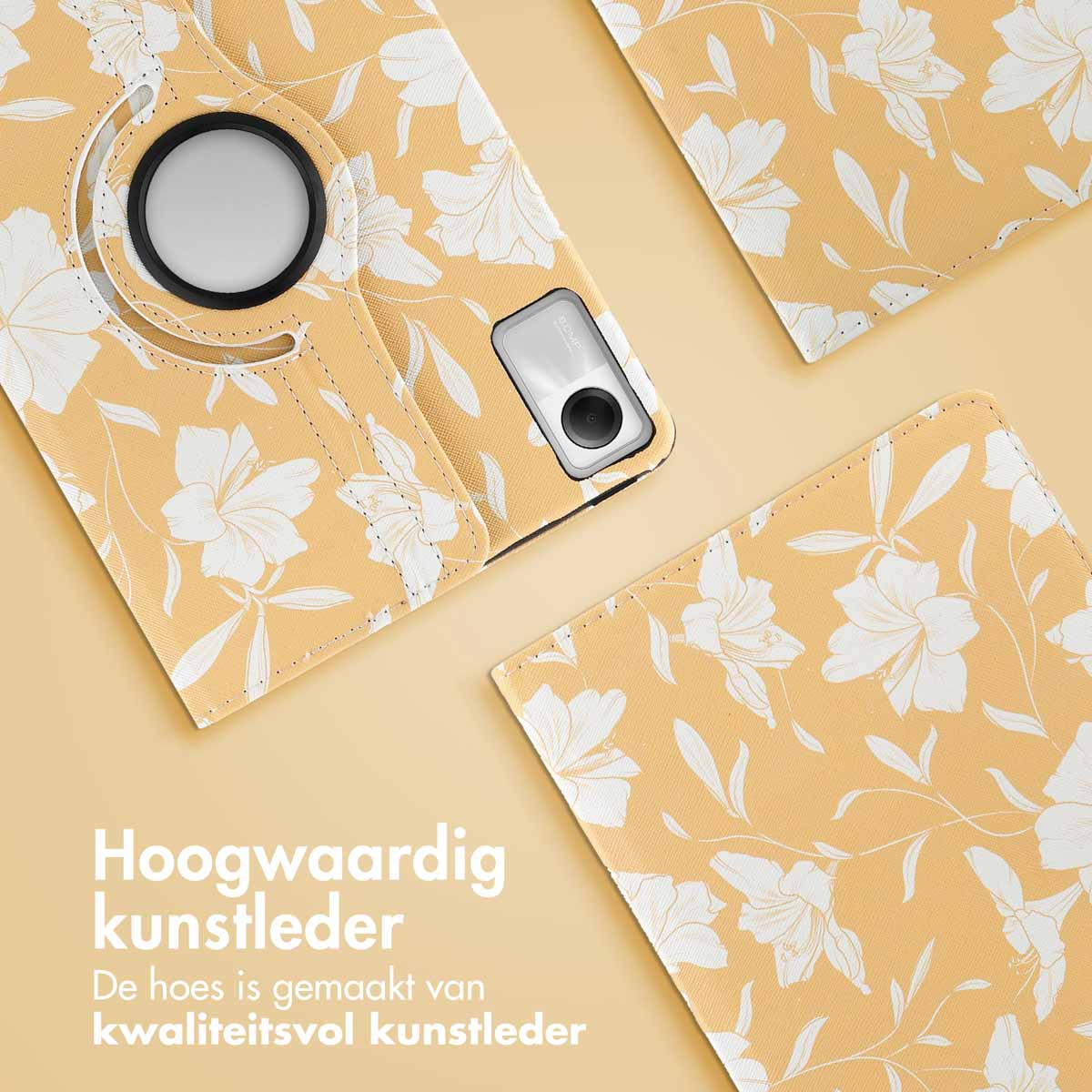 Tablet case with a yellow floral pattern, open and flat.
