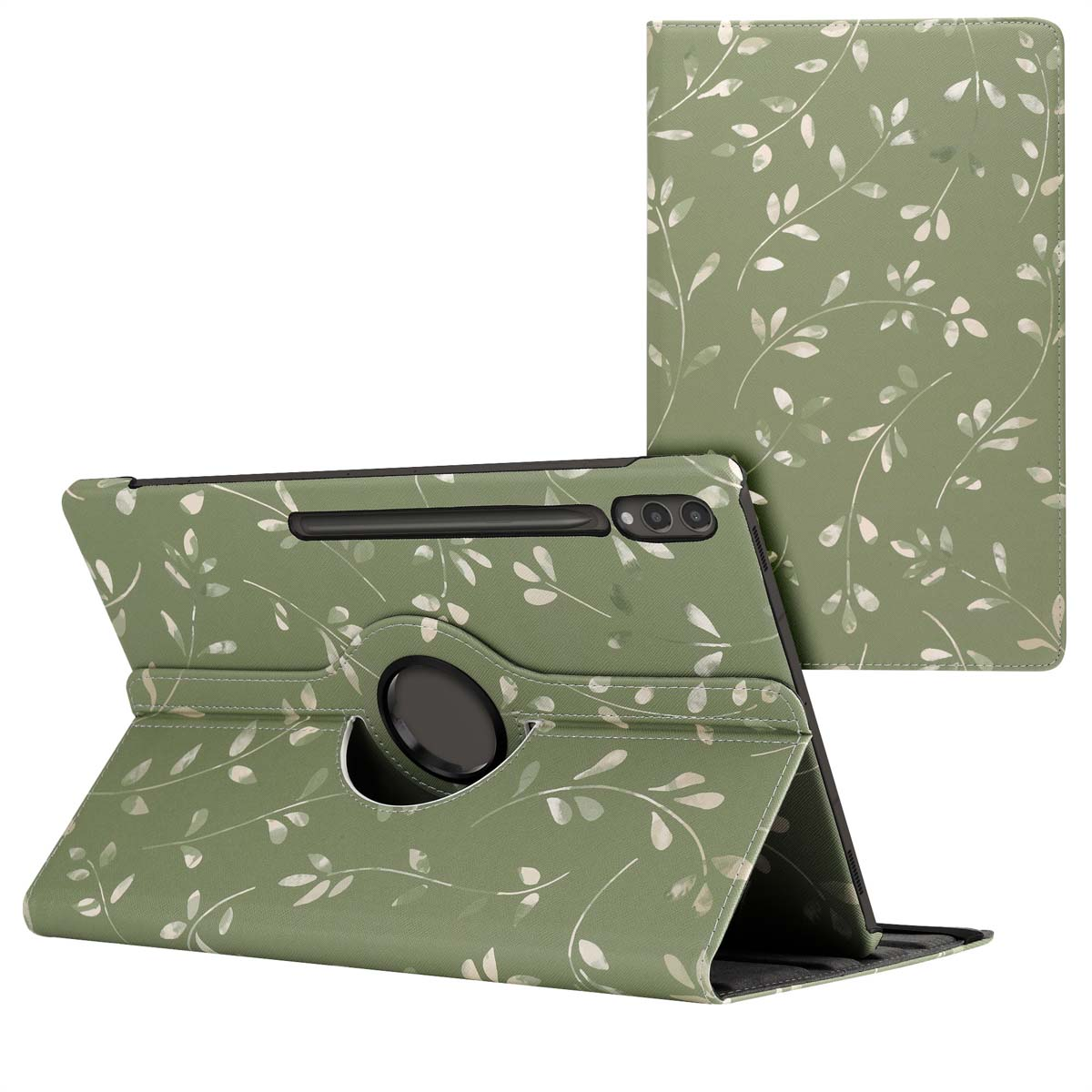 Een tablet met een groene bloemenhoes, openstaand.