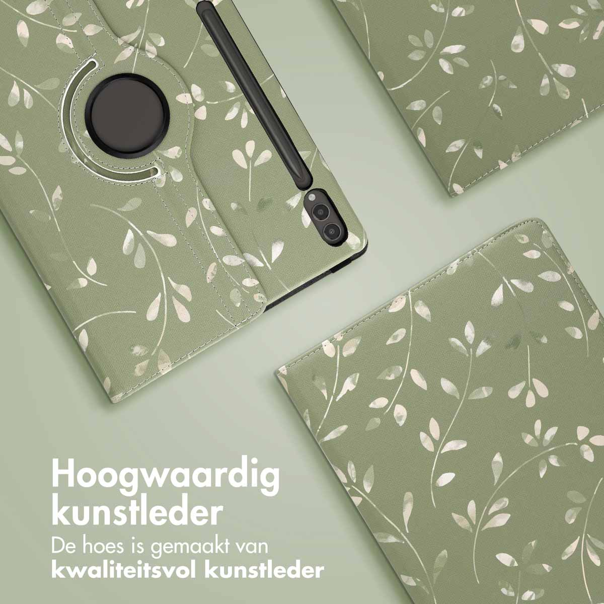 Groene tablethoes met een wit bladontwerp. Meerdere hoesjes zijn zichtbaar.