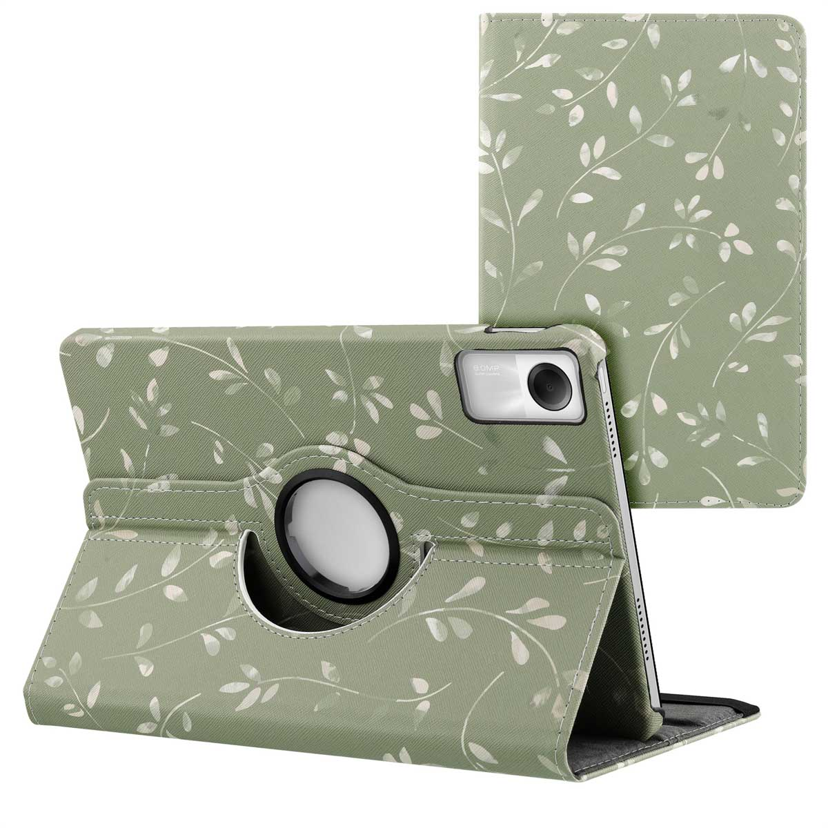 Tablet case with purple and beige checkered pattern, open and a stylus.