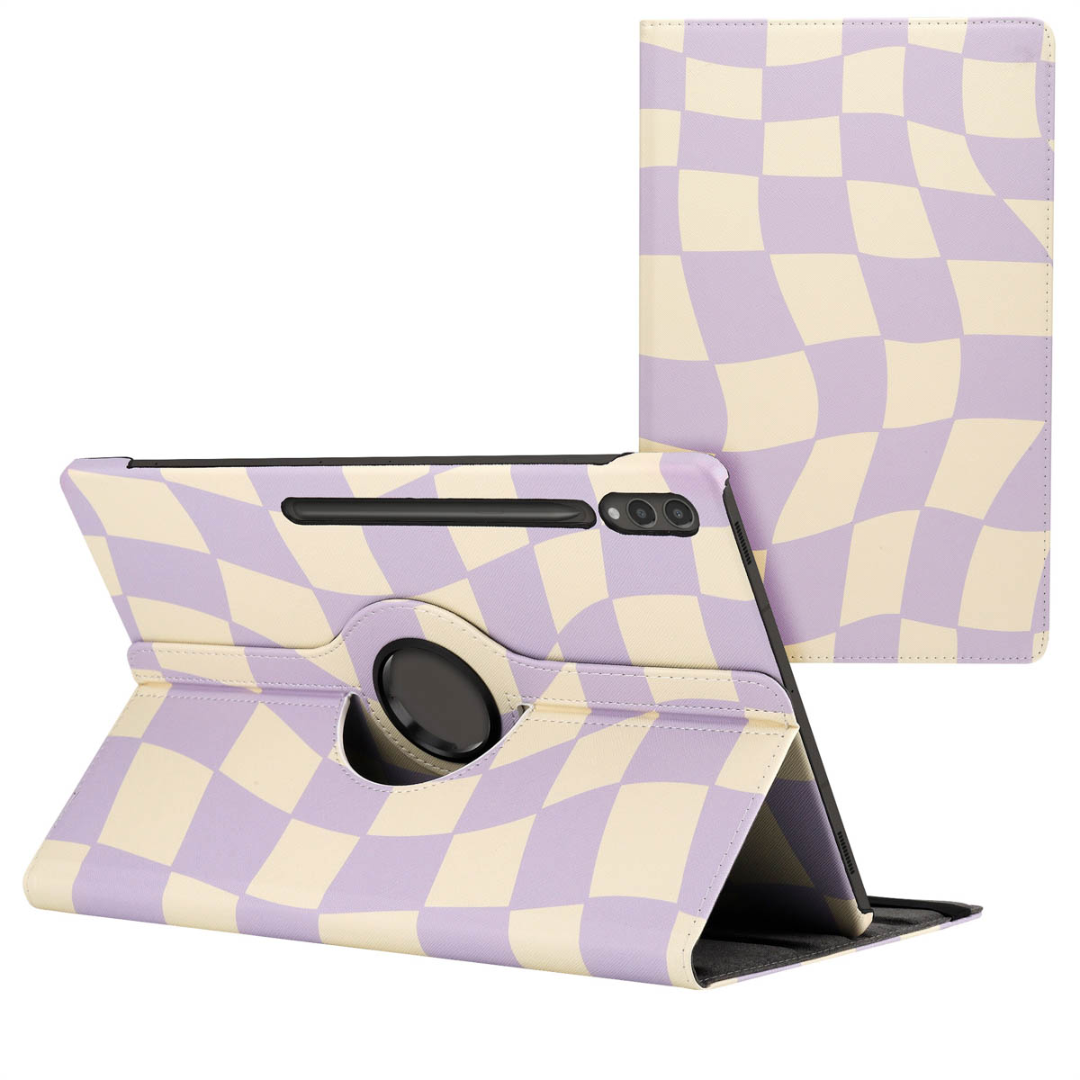 Paarse en beige geruite tablethoes met tablet getoond in verschillende hoeken.