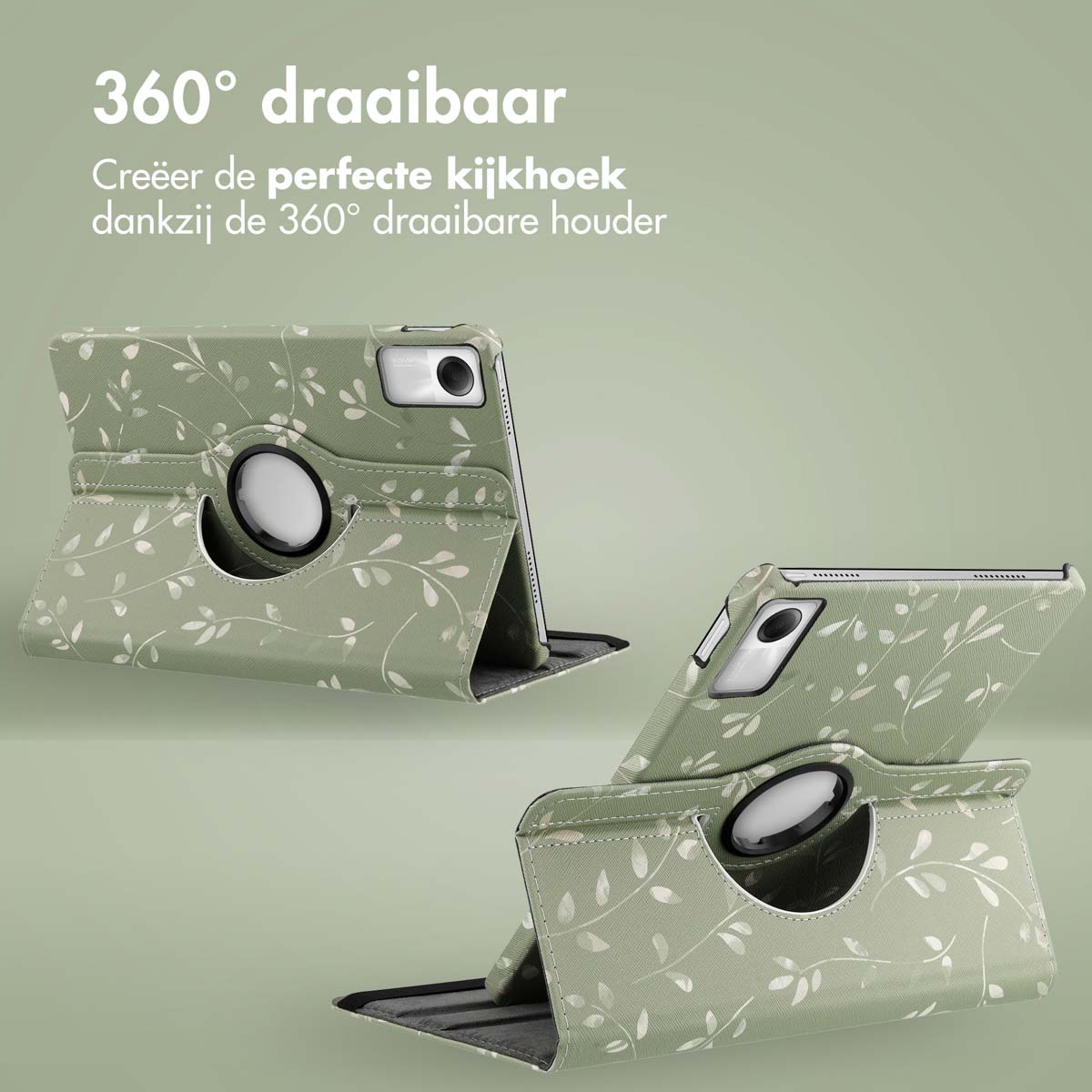Green tablet case, 360° rotatable. Leaf pattern, multiple angles.