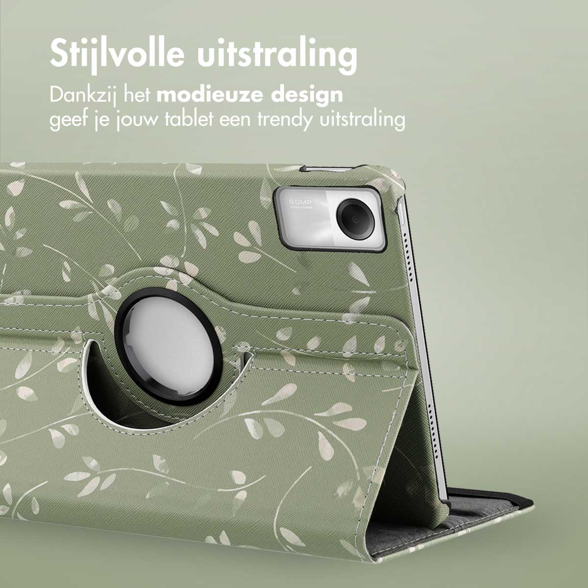 Green floral tablet case, open, with tablet inside. White leaves on a green background. Tablet camera.