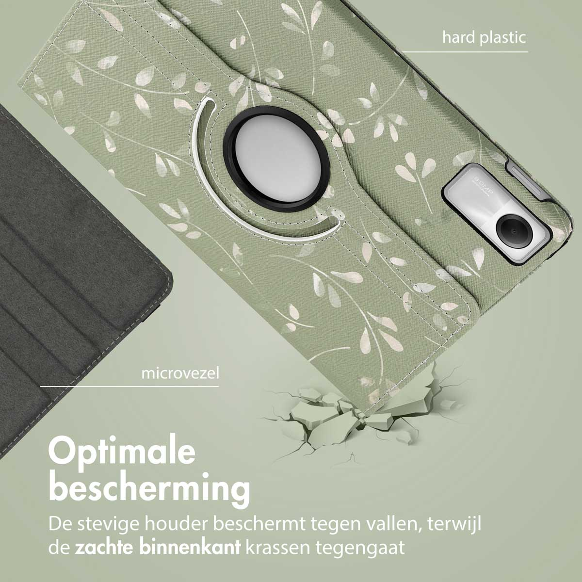 A tablet case with a floral design in green and white. The case is open, with a tablet inside and text.