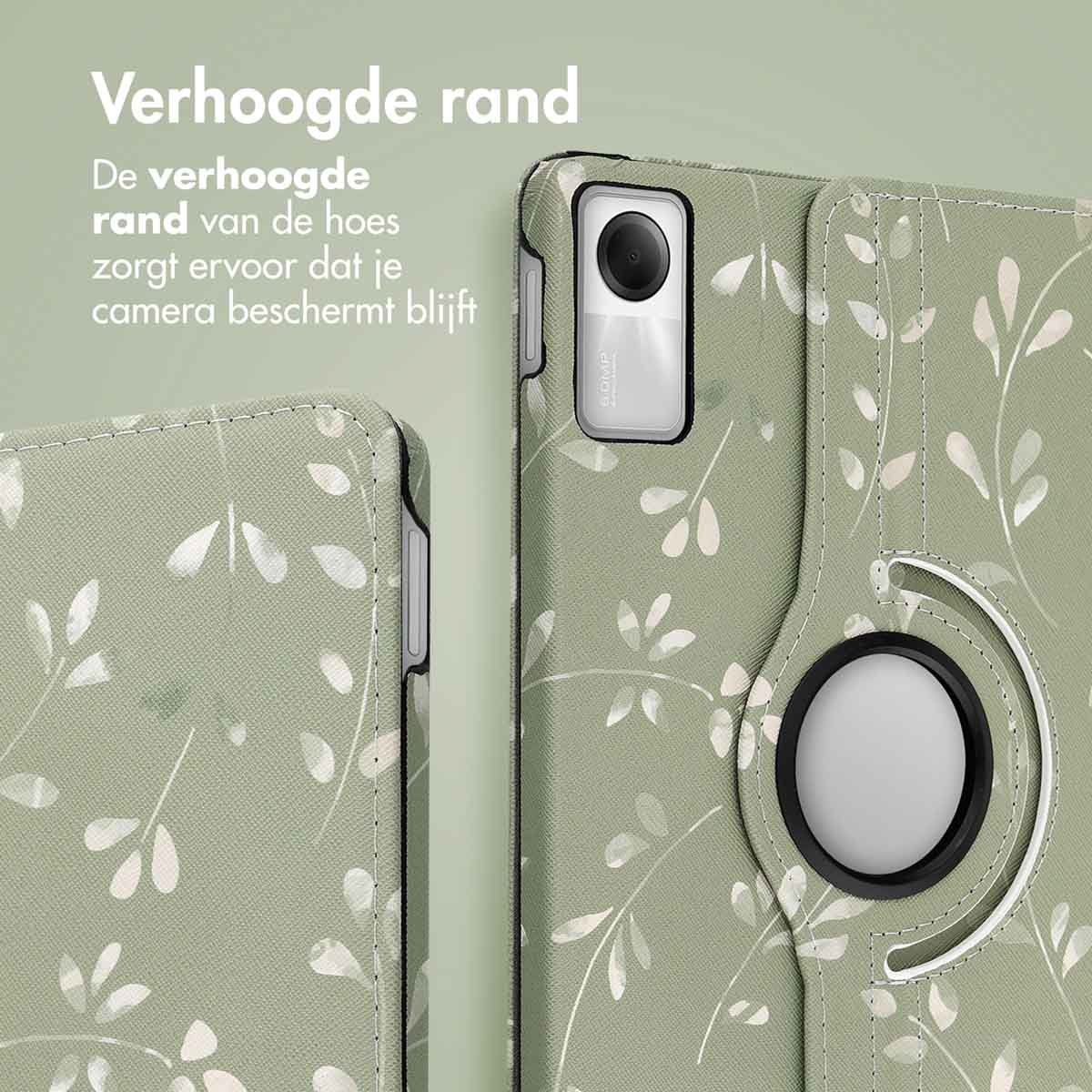 Close-up of a green tablet case with white leaf patterns. Camera and case details shown.