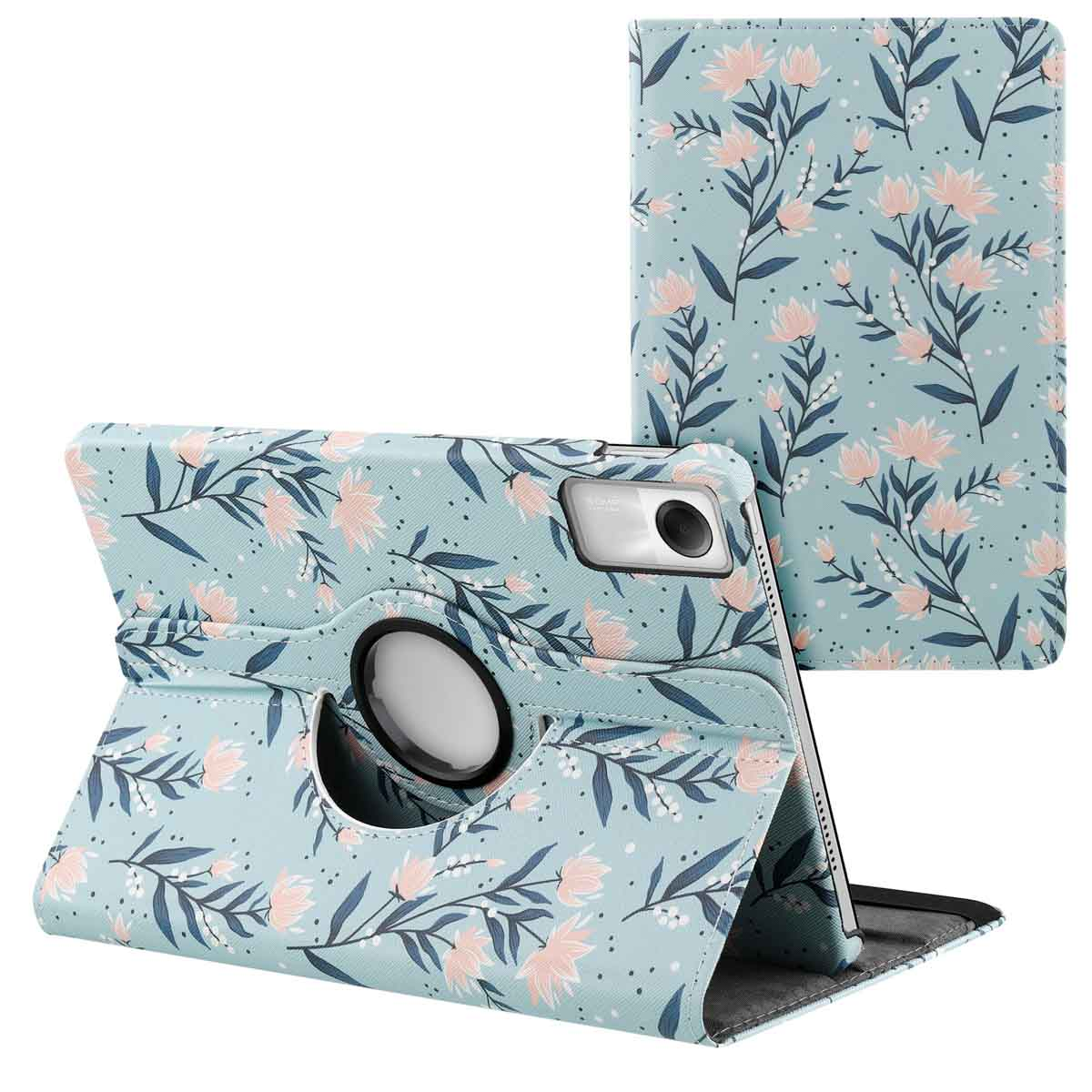Tablet with a blue floral case, rotating ring, and pen holder.  Matching case on the side.