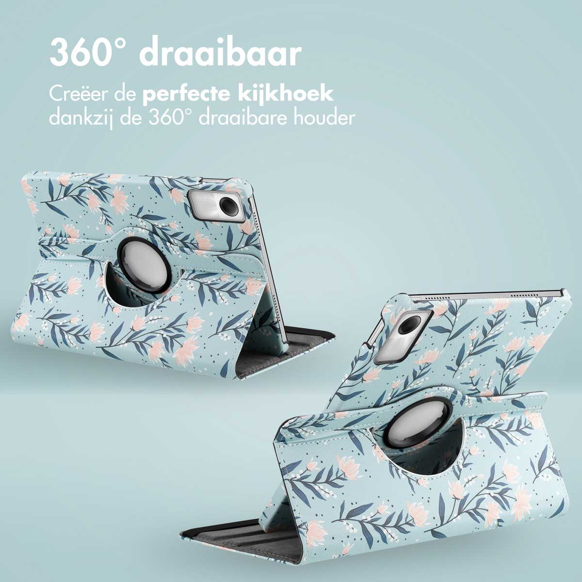 Tablet case with floral pattern, open, showing two positions.