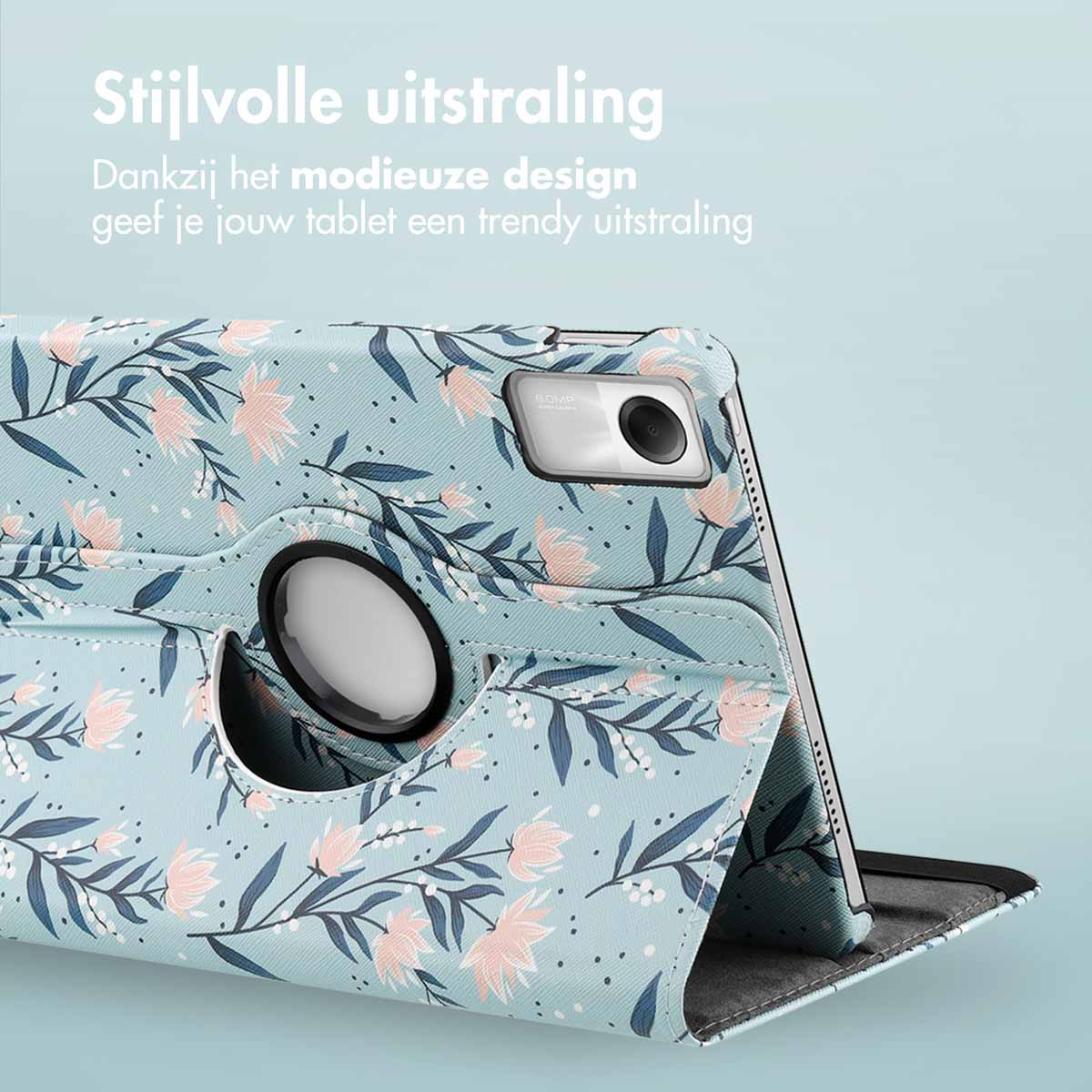 Blue floral tablet case with tablet from an angle. The camera and pen are visible.
