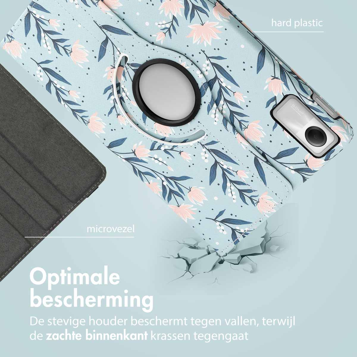 Tablet case with floral pattern, blue and pink. Includes a pen.