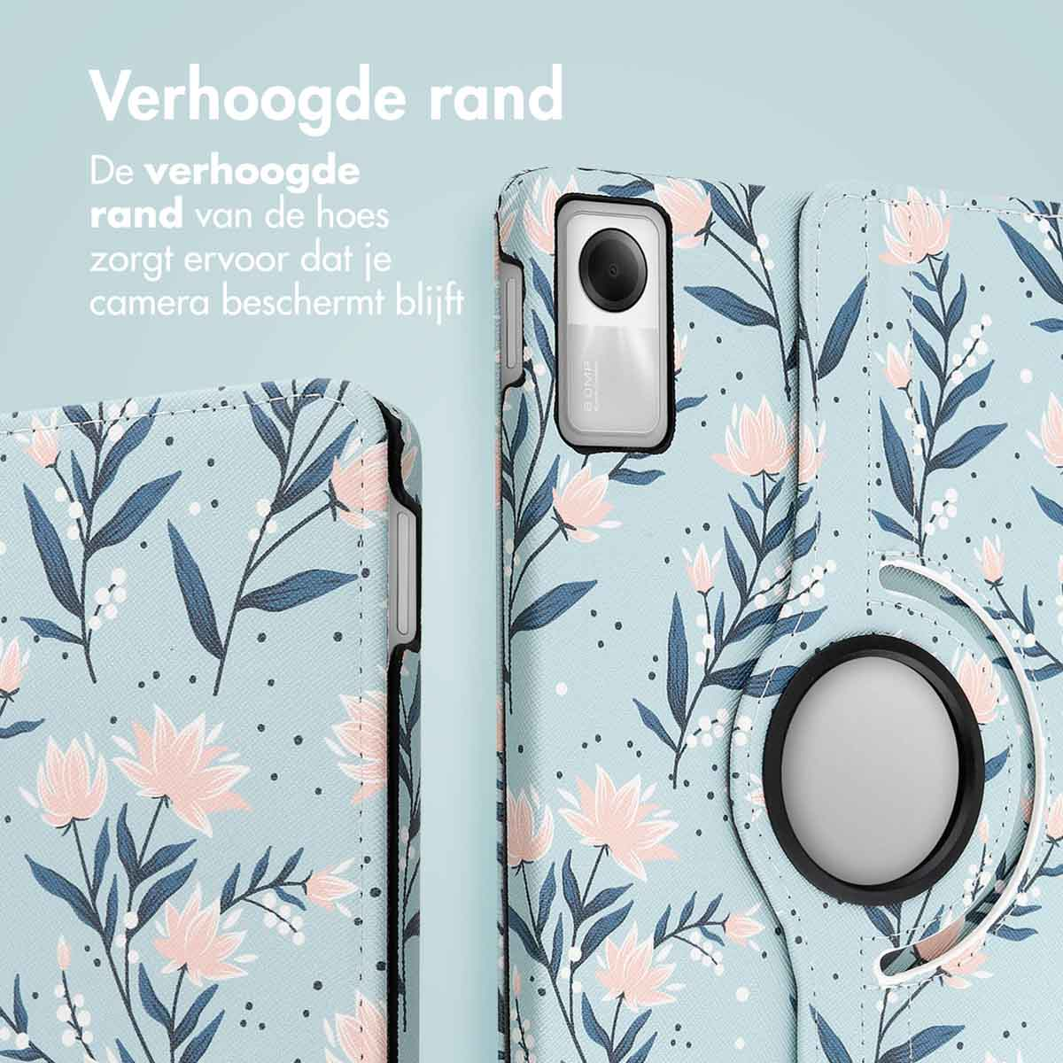 Tablet case with floral design. Light blue. Pink flowers and green leaves. Close up.