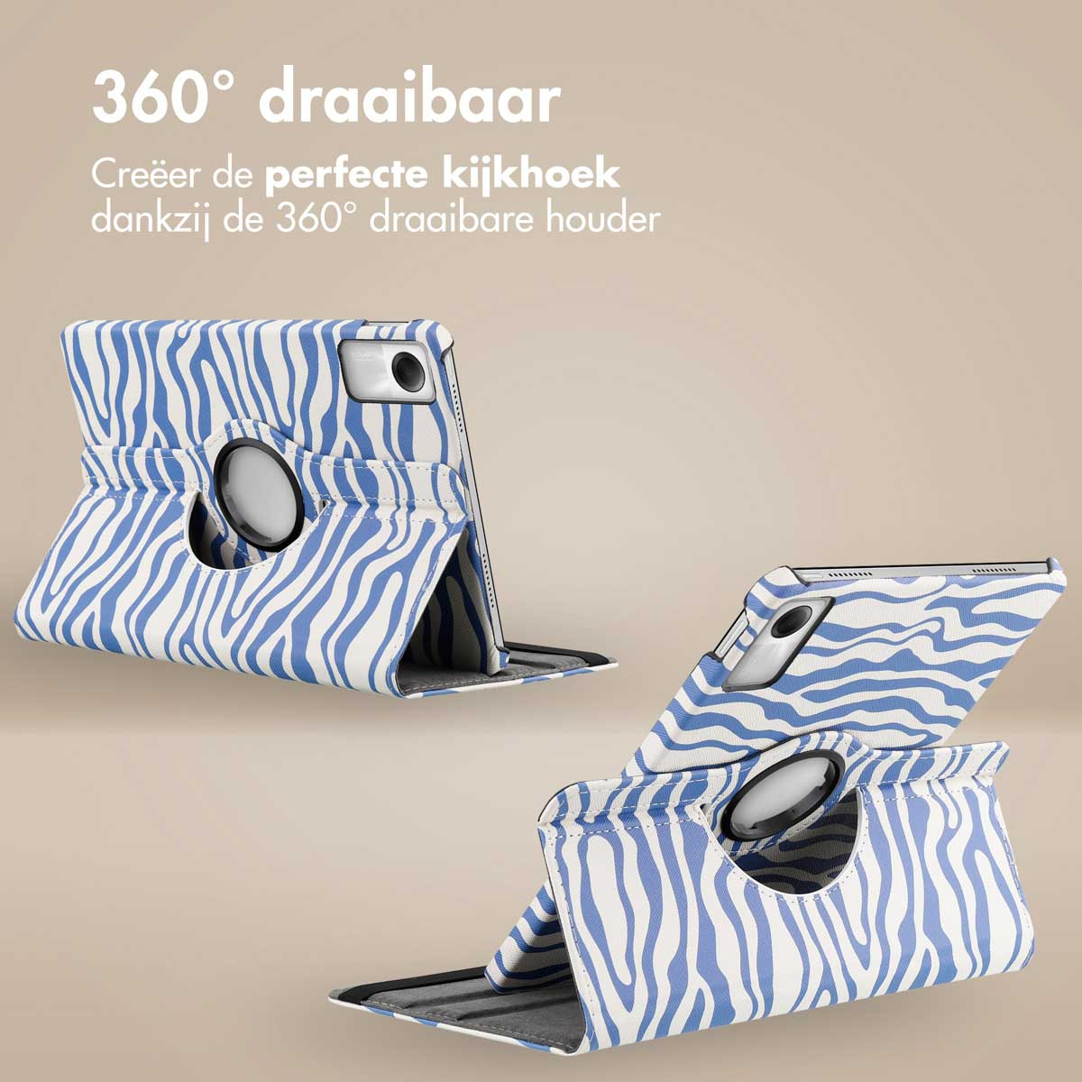 Tablet case with zebra print. Blue and white. Multiple angles. Black elastic band.