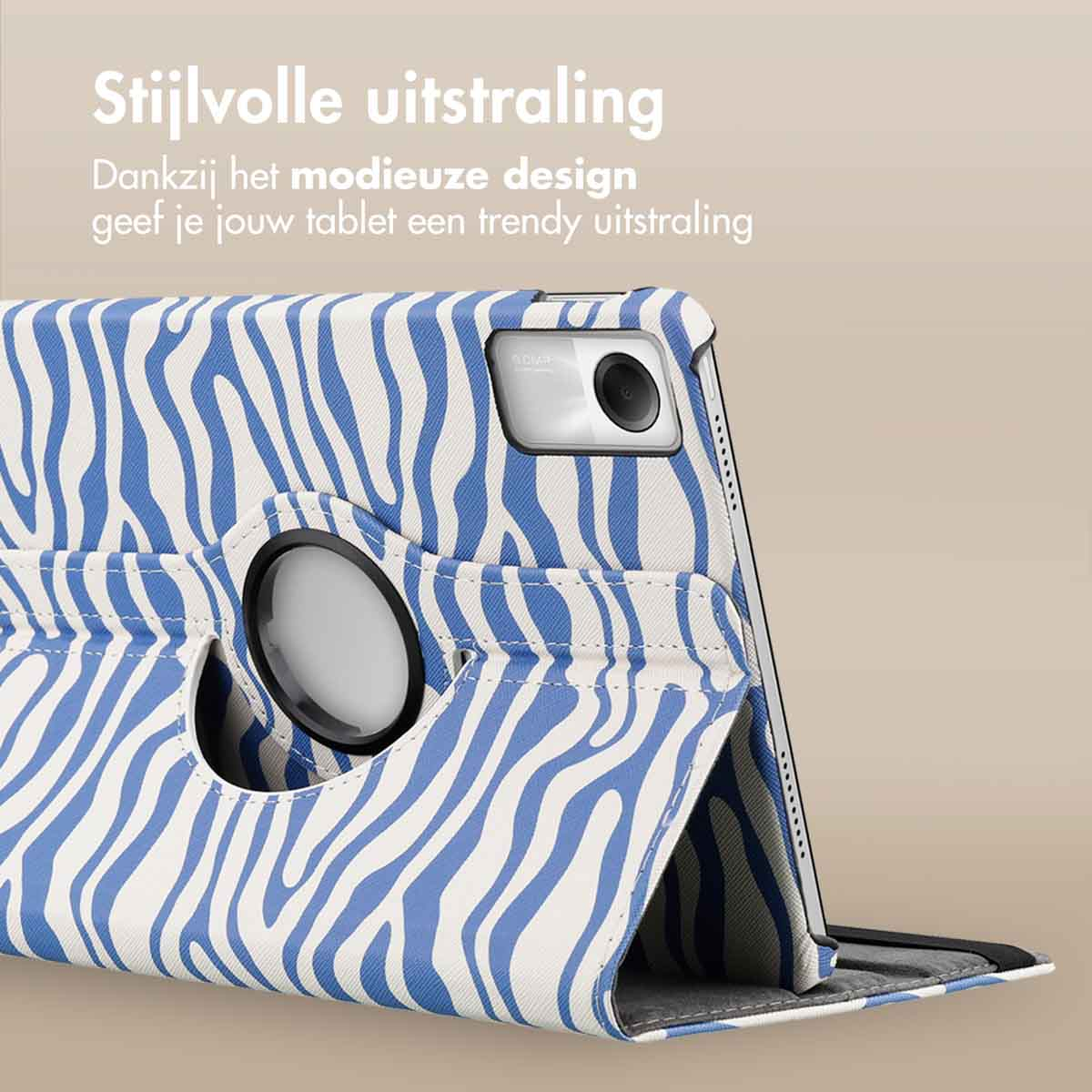 Tablet with a blue and white zebra print case, open.