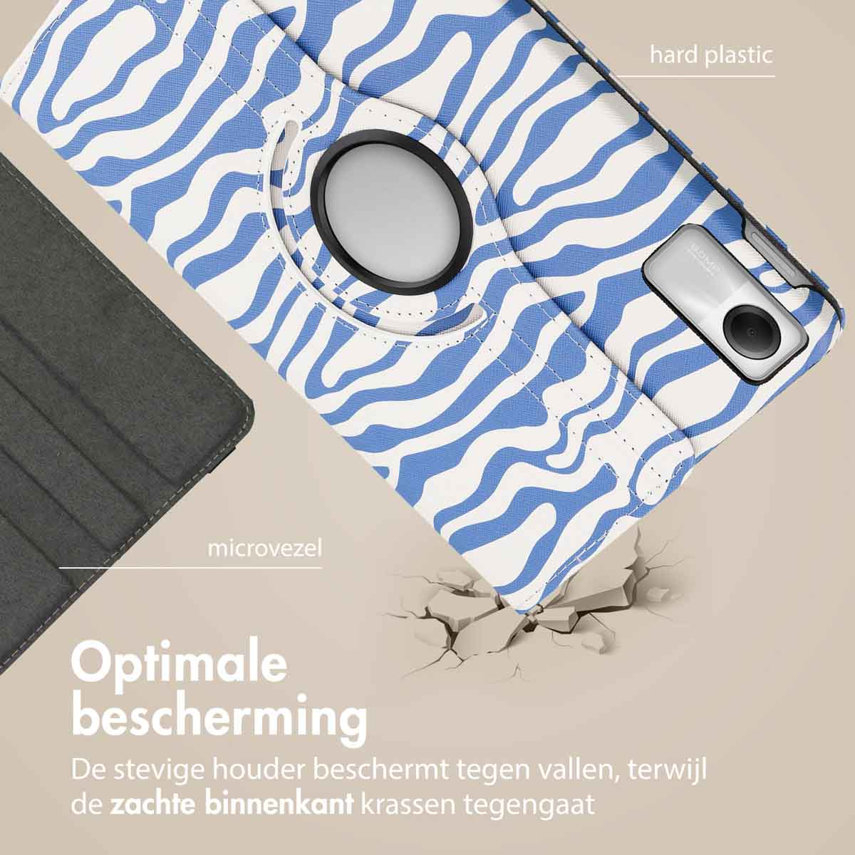 Tablet case with blue and white zebra pattern, open showing a tablet inside, with black holder.