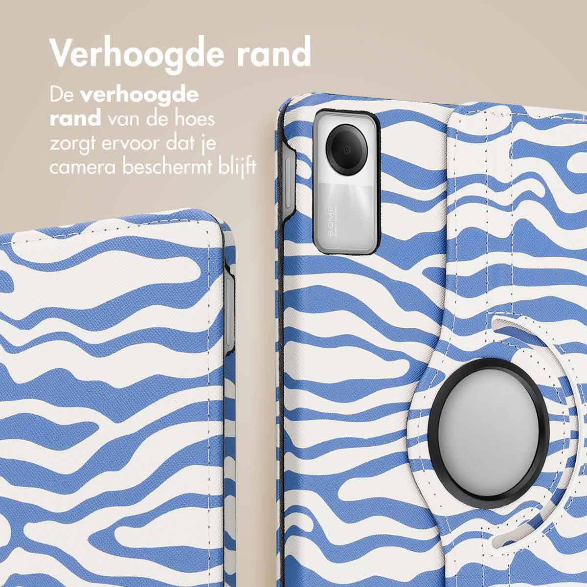 Tablet case, blue waves design. Open, with a blue and white wavy pattern, camera and pen holder.