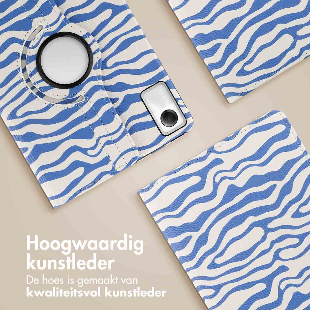 Blue and white zebra-striped tablet case parts. Showing the cover, back and rotating base.