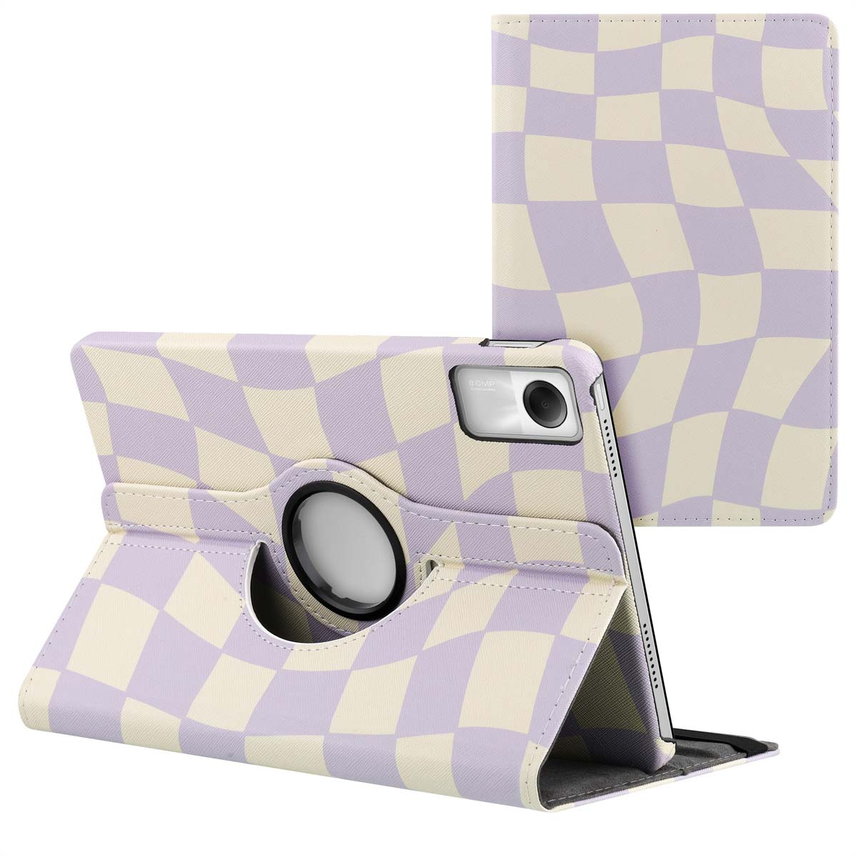 Tablet case, lilac and cream checkerboard design. Open with tablet inside, 360° rotation.