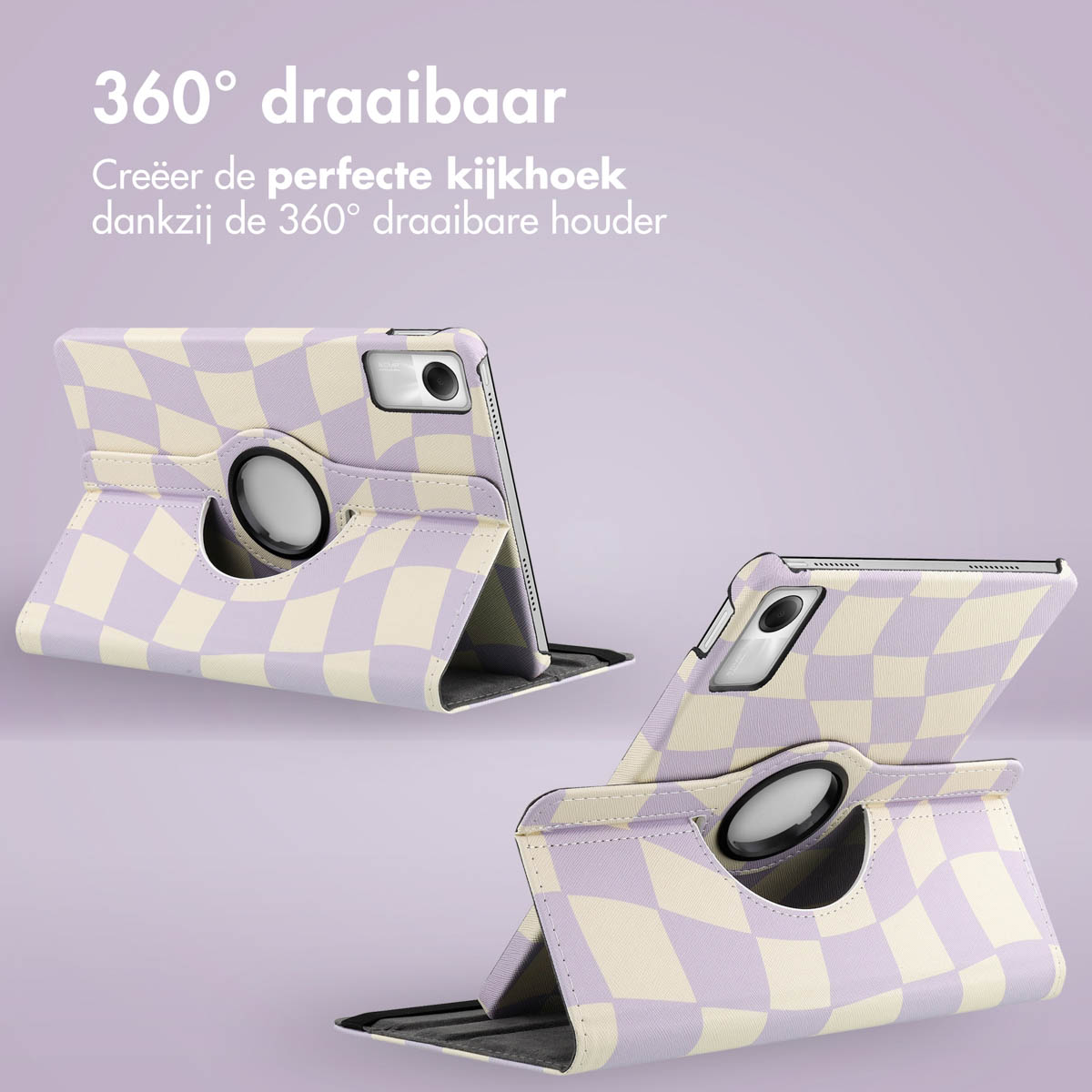 Tablet case with a purple and cream checkerboard pattern, two cases angled, against a purple backdrop.