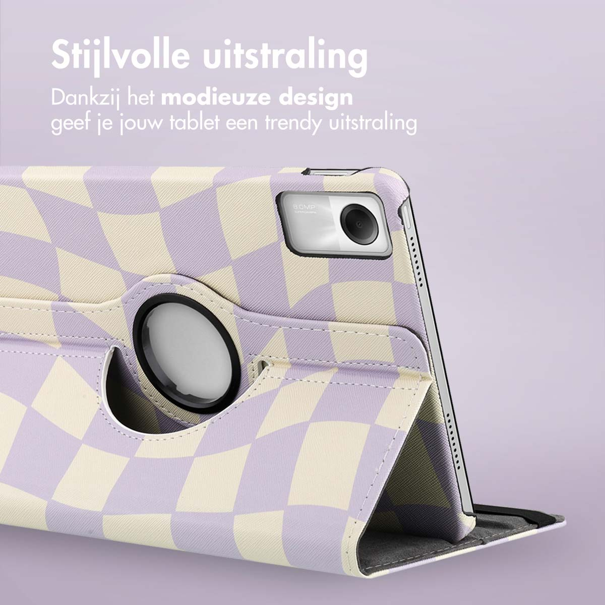 Tablet case, checkered pattern. Purple and cream checkered design. Tablet open, camera visible.