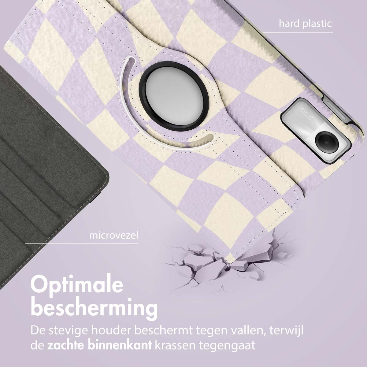 Tablet case with a checkered pattern, open.