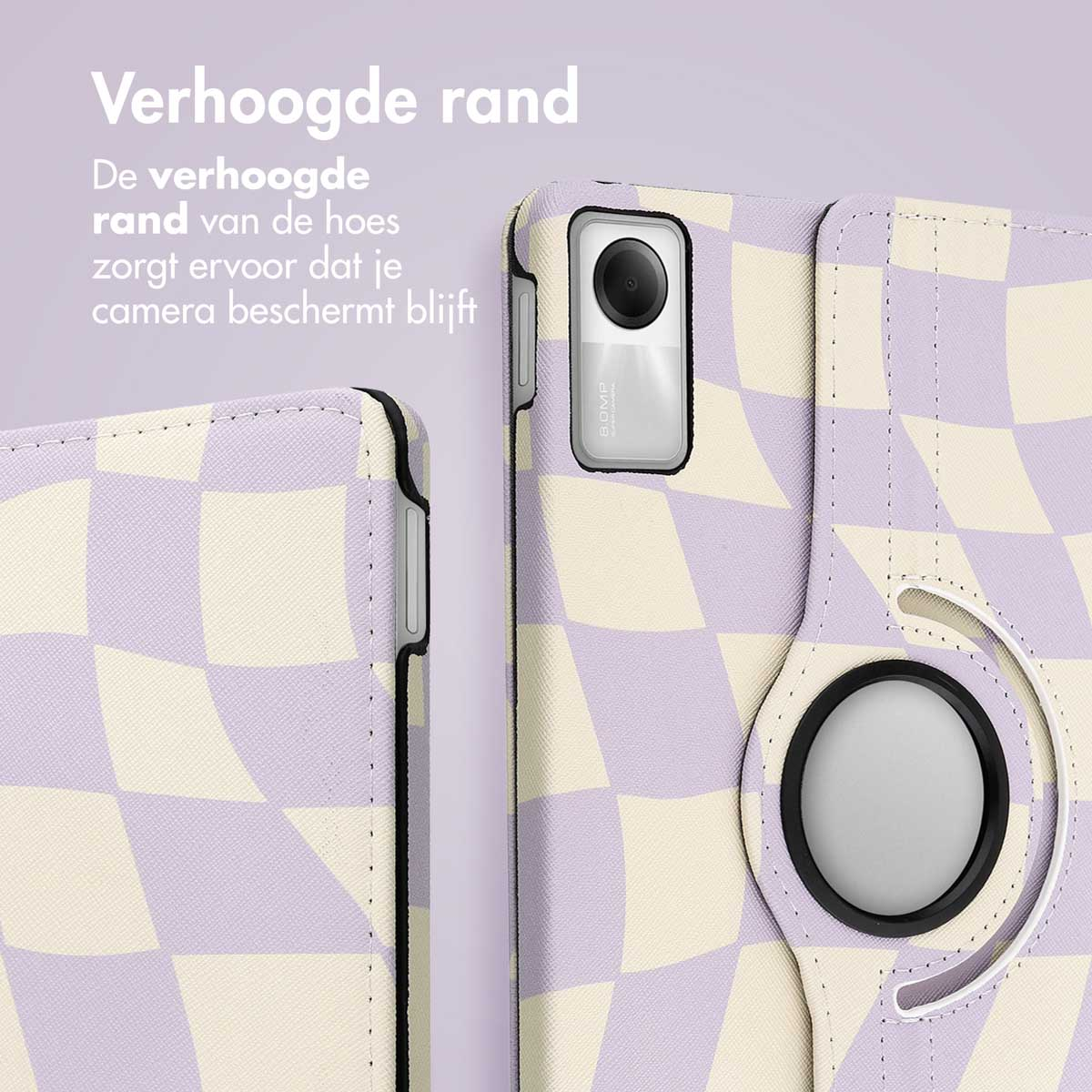 Tablet case with purple and cream checkered pattern, details on the corner and camera.