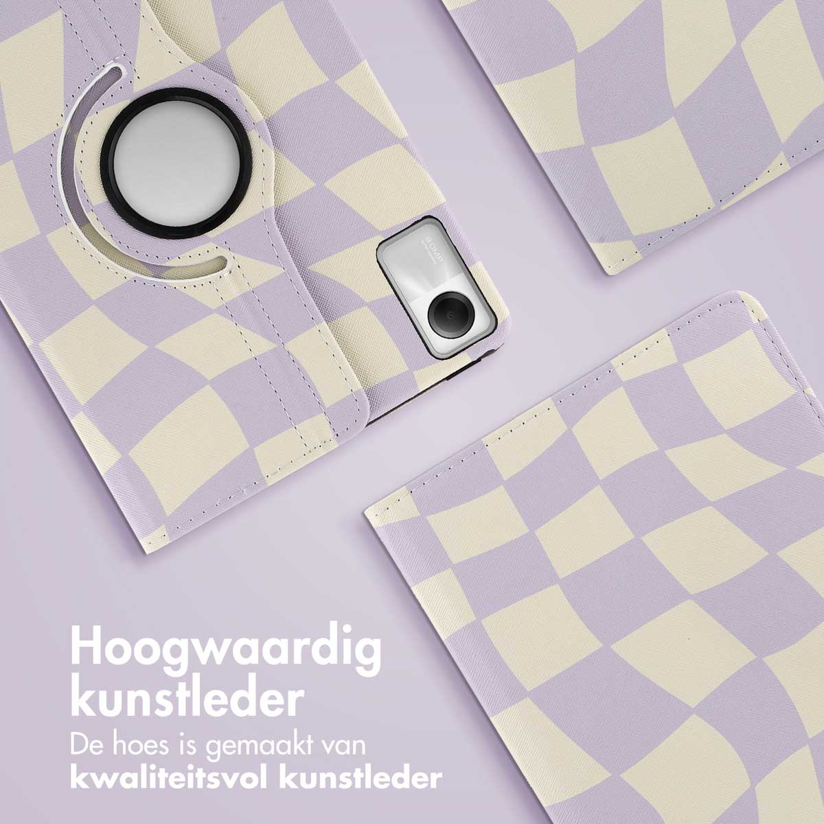 Tablet case with a purple checkerboard pattern. Case is open.