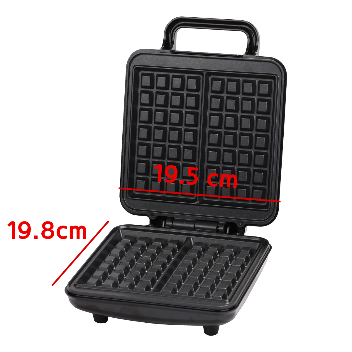 Otwarta czarna gofrownica z wymiarami: 19,5 cm szerokości, 19,8 cm długości.