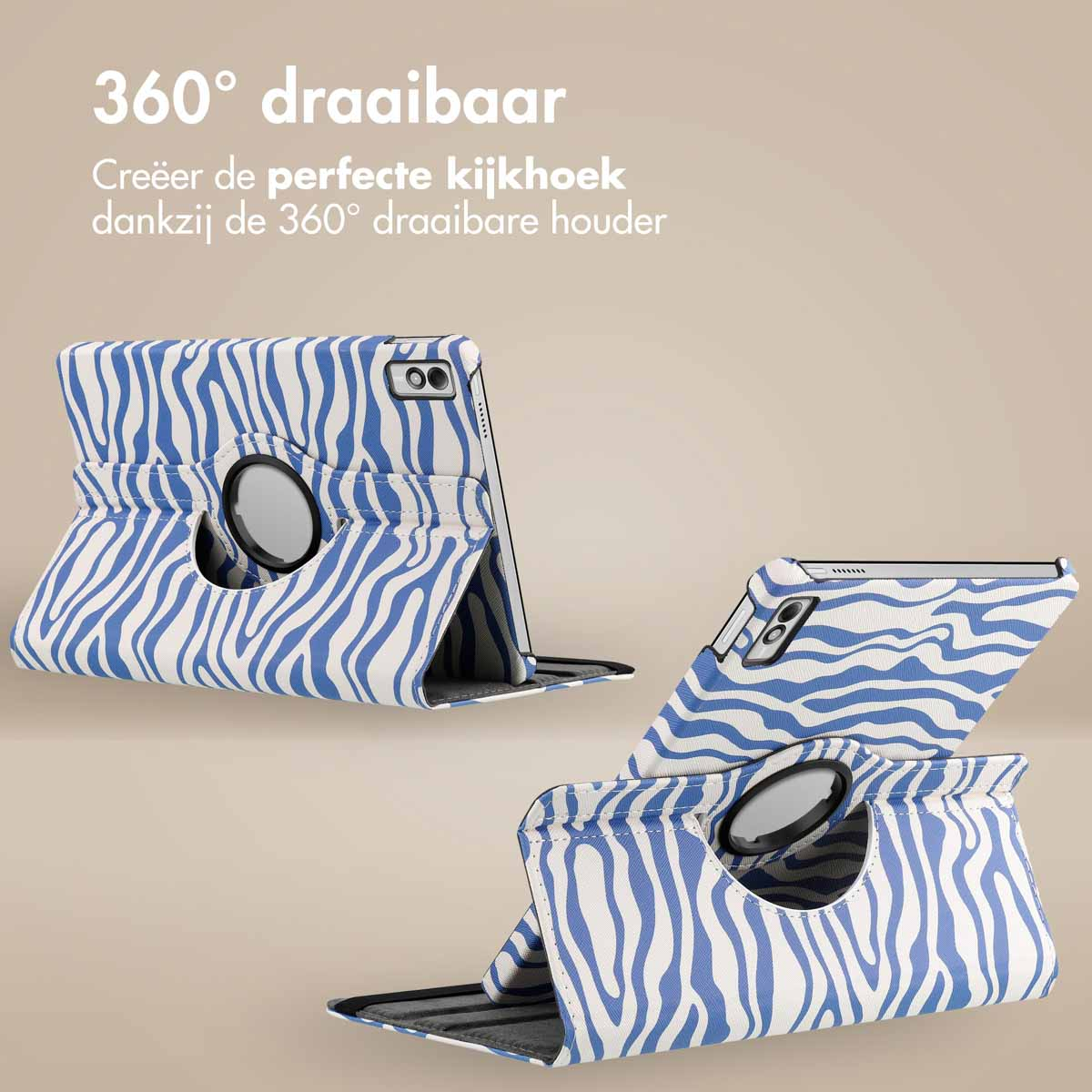 Tablet case with a zebra stripe pattern in blue and white. Two tablets are shown.