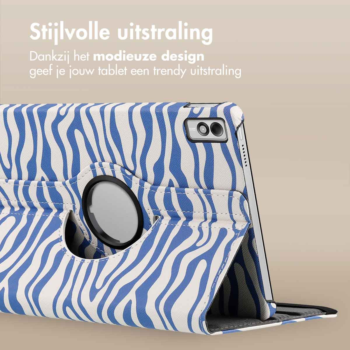 Tablet with a blue and white zebra print case, open.