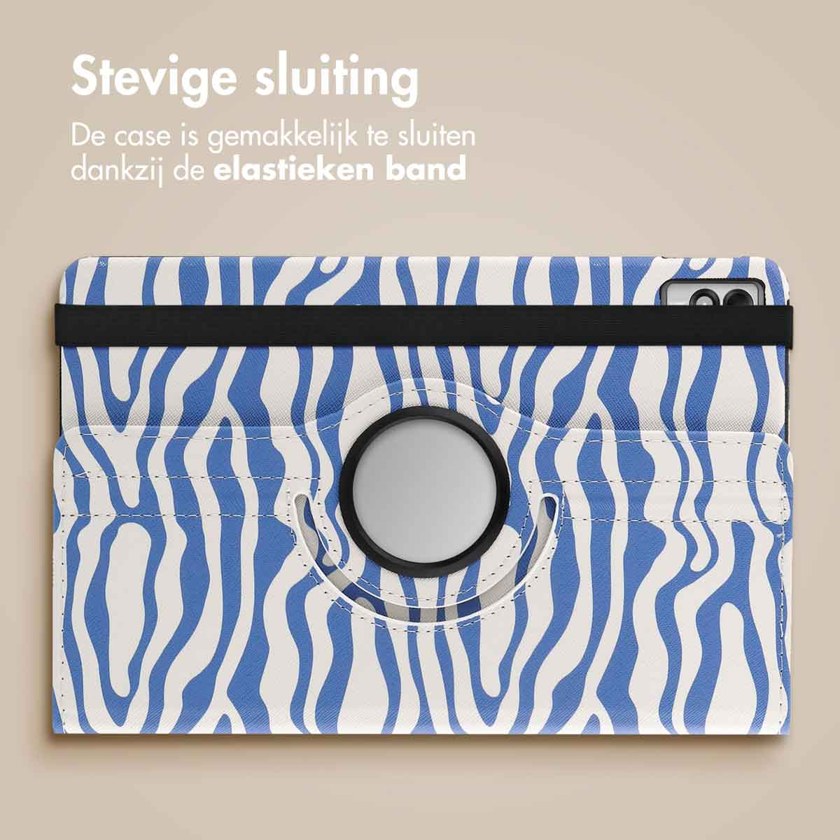 Tablet case with blue and white zebra stripes. The case is closed, secured with a black elastic band.