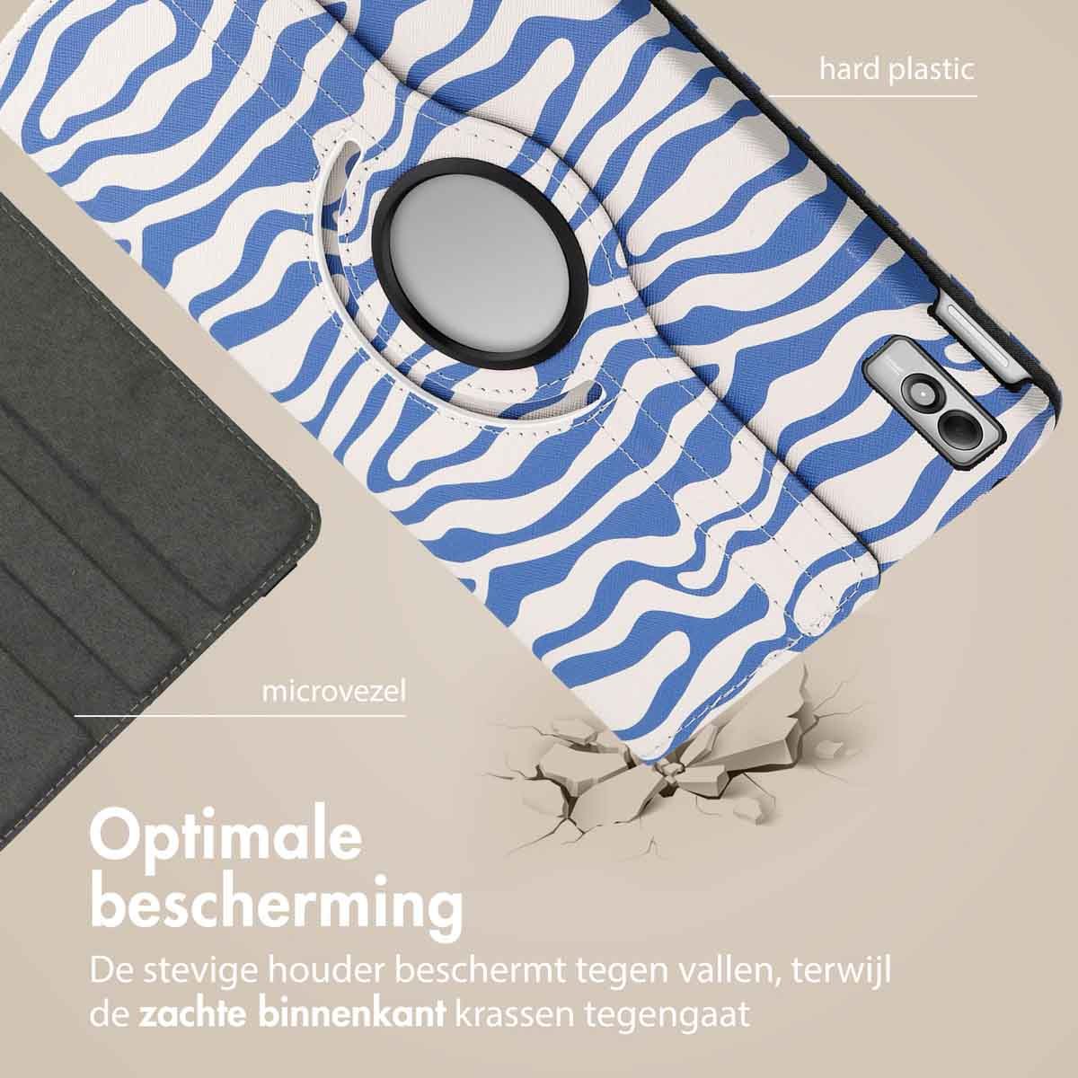 Tablet case with blue and white wave pattern. Black camera ring. Gray background.