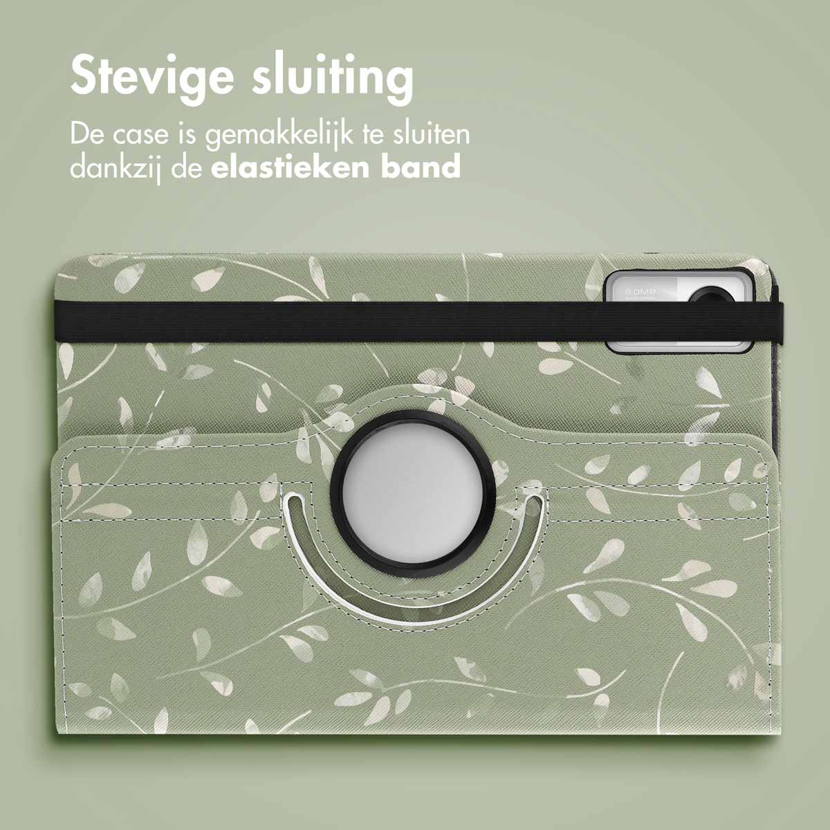 Green tablet case with white leaves pattern. It has a slot for the camera and a black band.