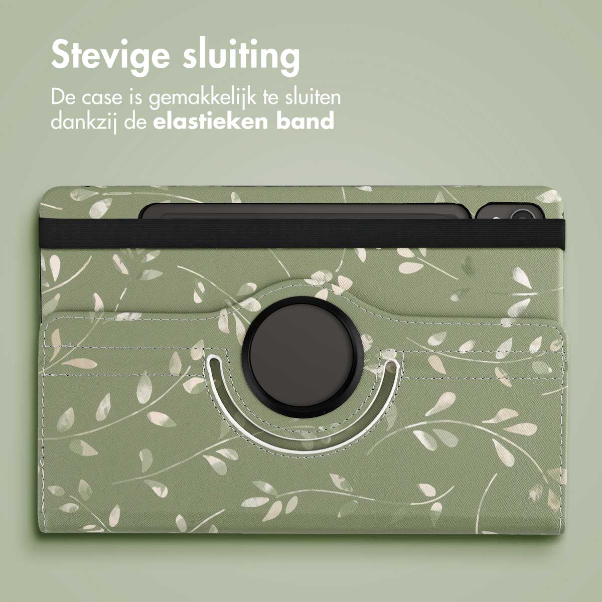 Groene bloemen tabletcase, gesloten. Zwarte elastische band. Witte bladeren op groene achtergrond. Tablet.