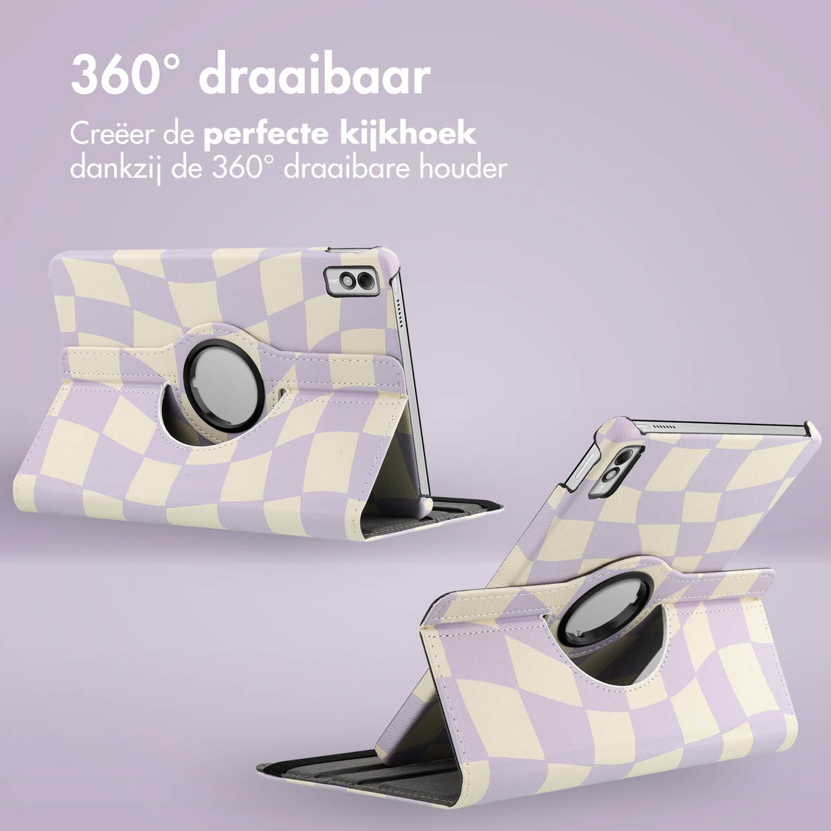 Tablet case with purple and white checkered pattern, open in two positions, 360° rotation.