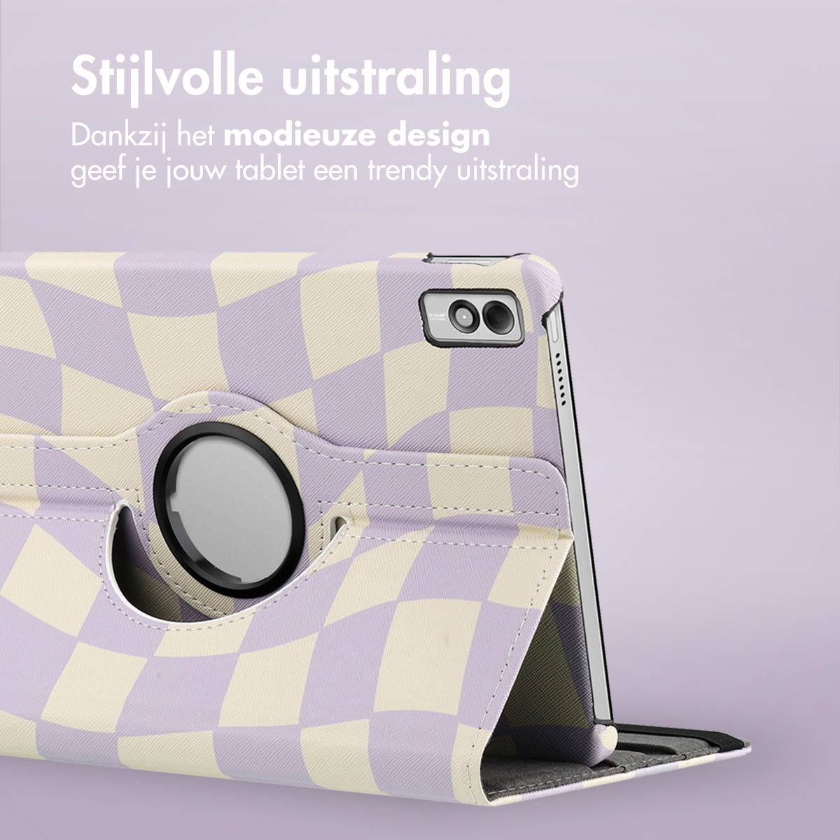 Tablet case with checkered pattern. The case is open, showing the screen. Light purple and white.
